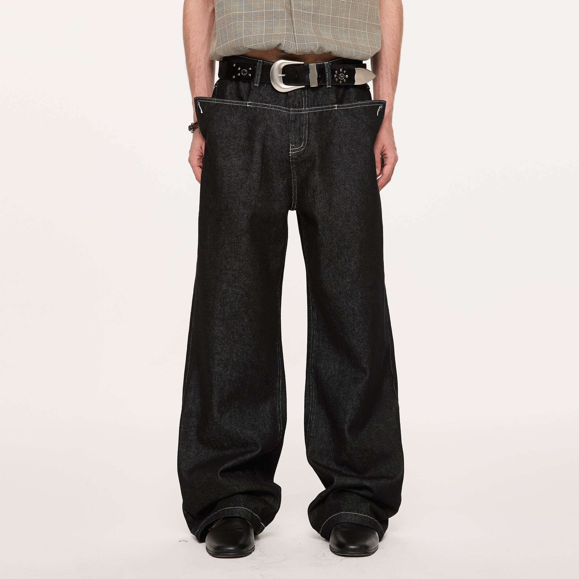 KREATE Panel Flap Plaid Pocket Jeans-Jeans-S-Free Shipping Leatheretro