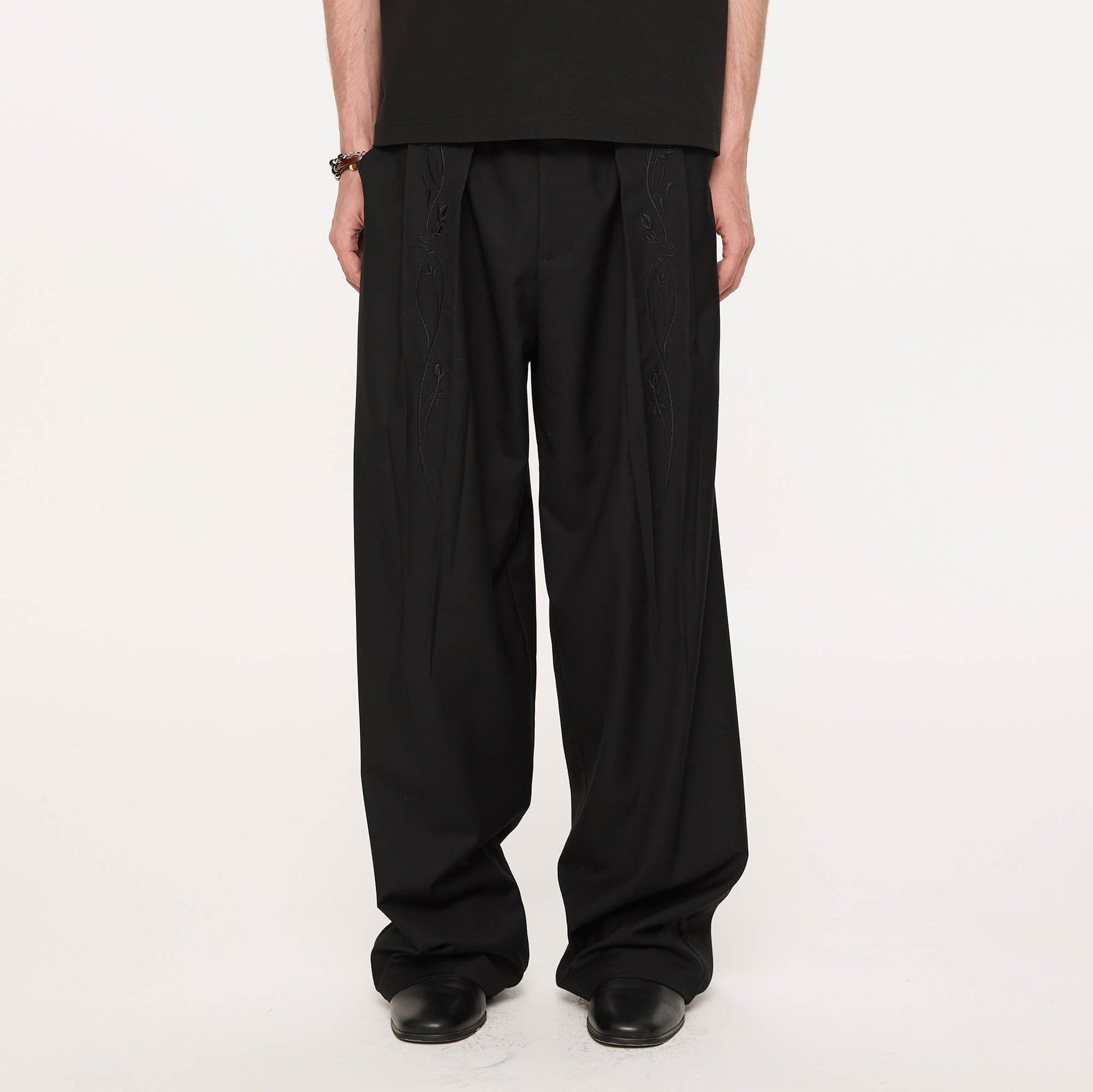 KREATE Rose Embroidered Pleated Straight-Leg Trousers-Pants-S-Free Shipping Leatheretro