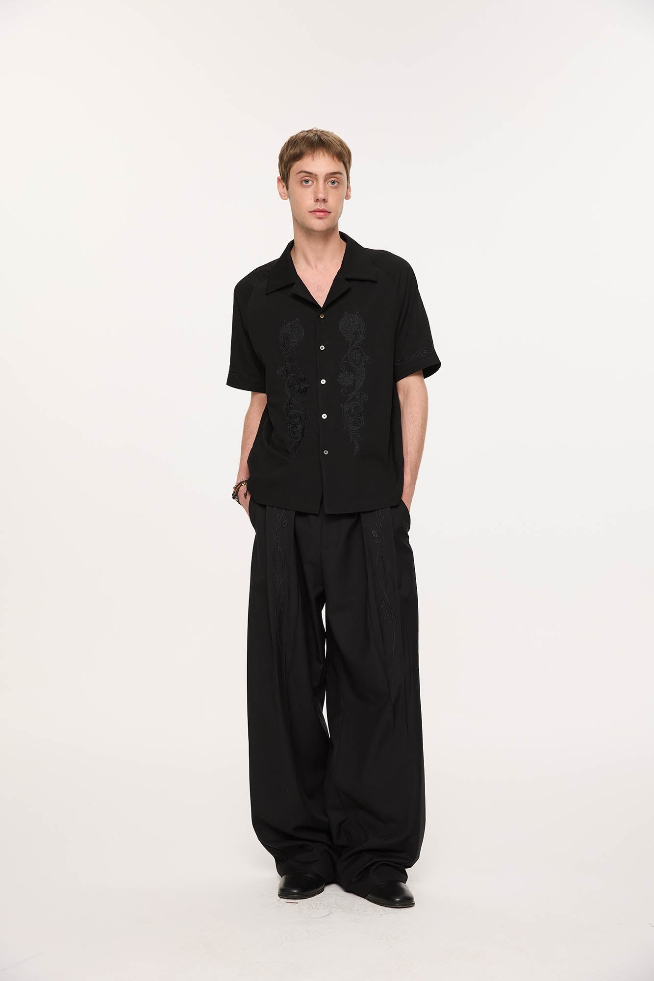 KREATE Rose Embroidered Pleated Straight-Leg Trousers-Pants-S-Free Shipping Leatheretro