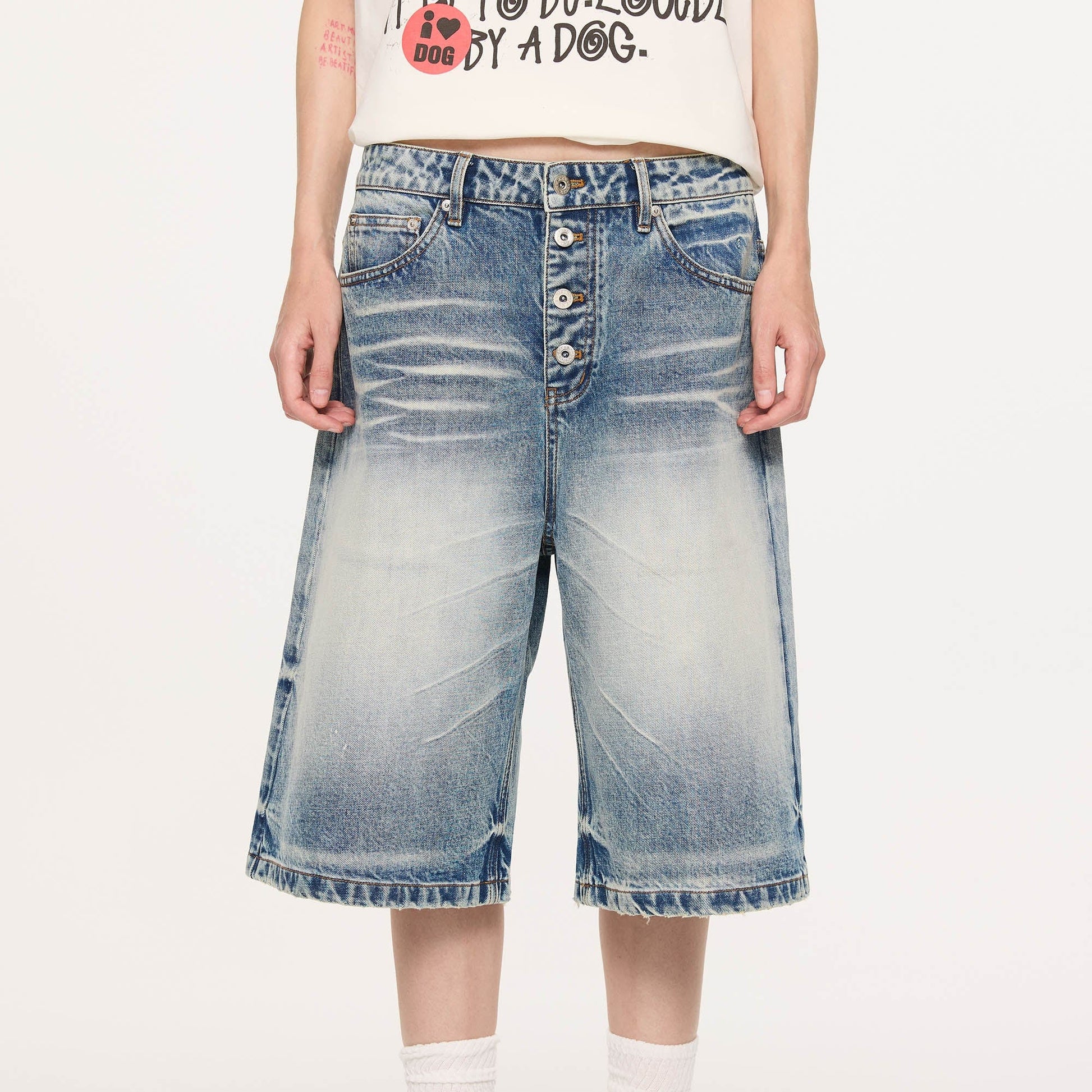 KREATE Retro Washed Button-Up Fuji-San Denim Shorts-Shorts-S-Free Shipping Leatheretro