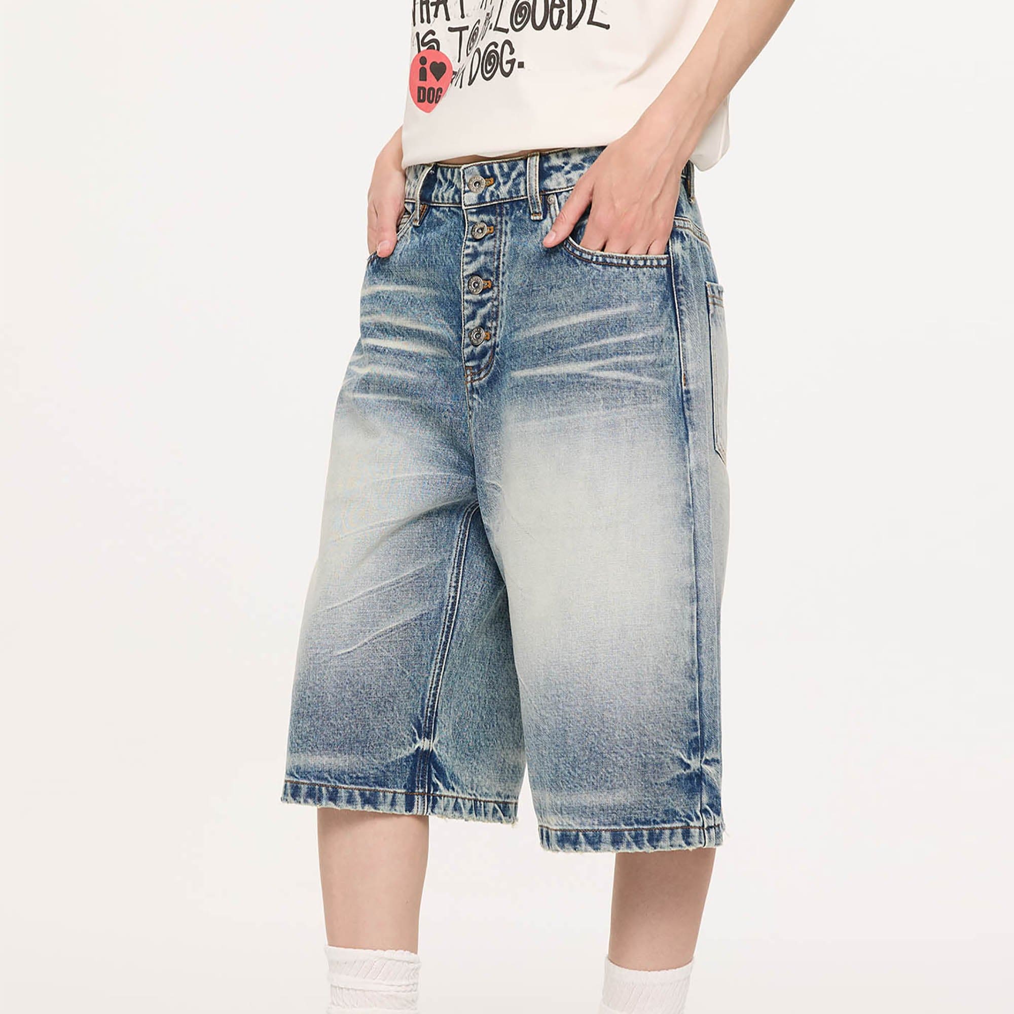 KREATE Retro Washed Button-Up Fuji-San Denim Shorts-Shorts-S-Free Shipping Leatheretro