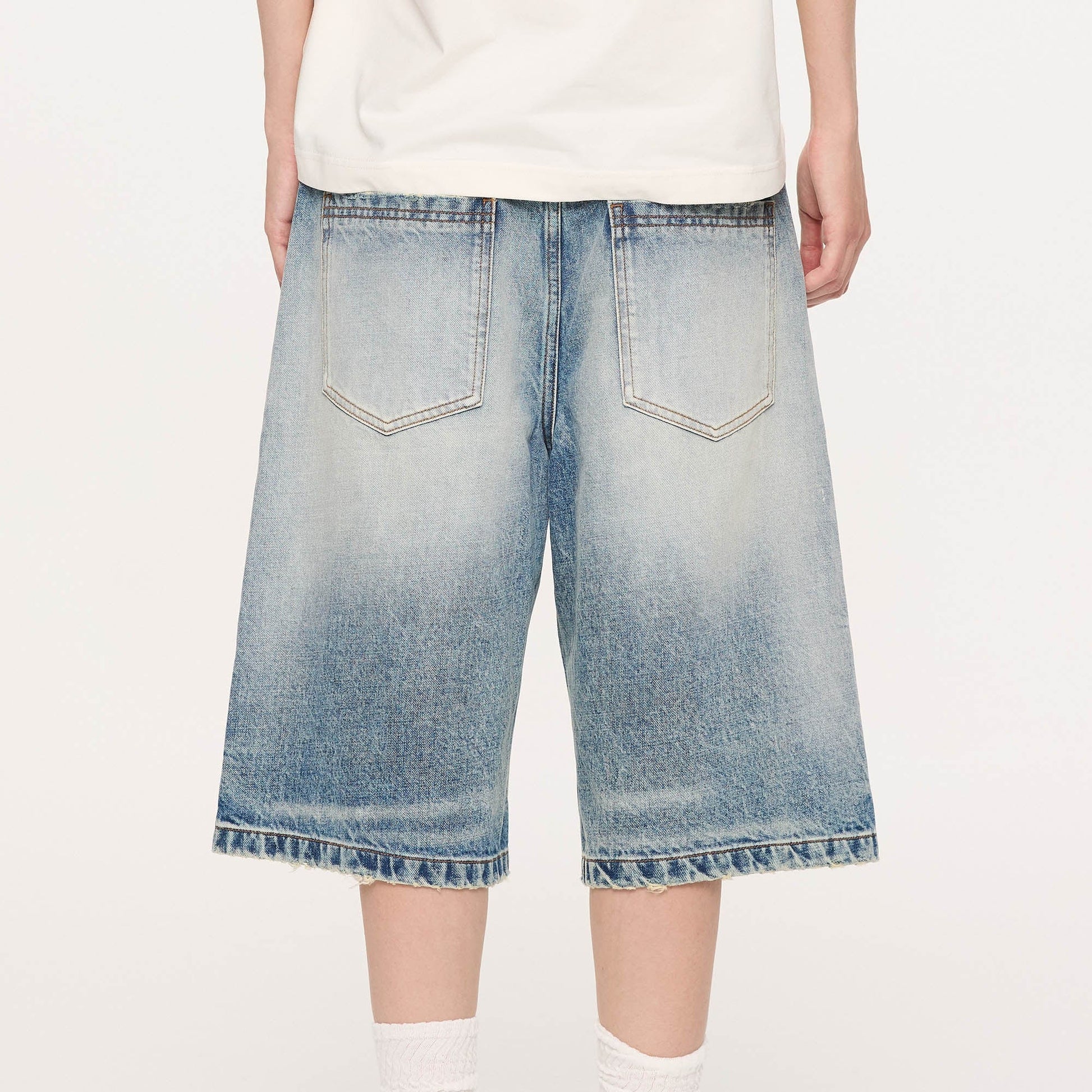 KREATE Retro Washed Button-Up Fuji-San Denim Shorts-Shorts-S-Free Shipping Leatheretro