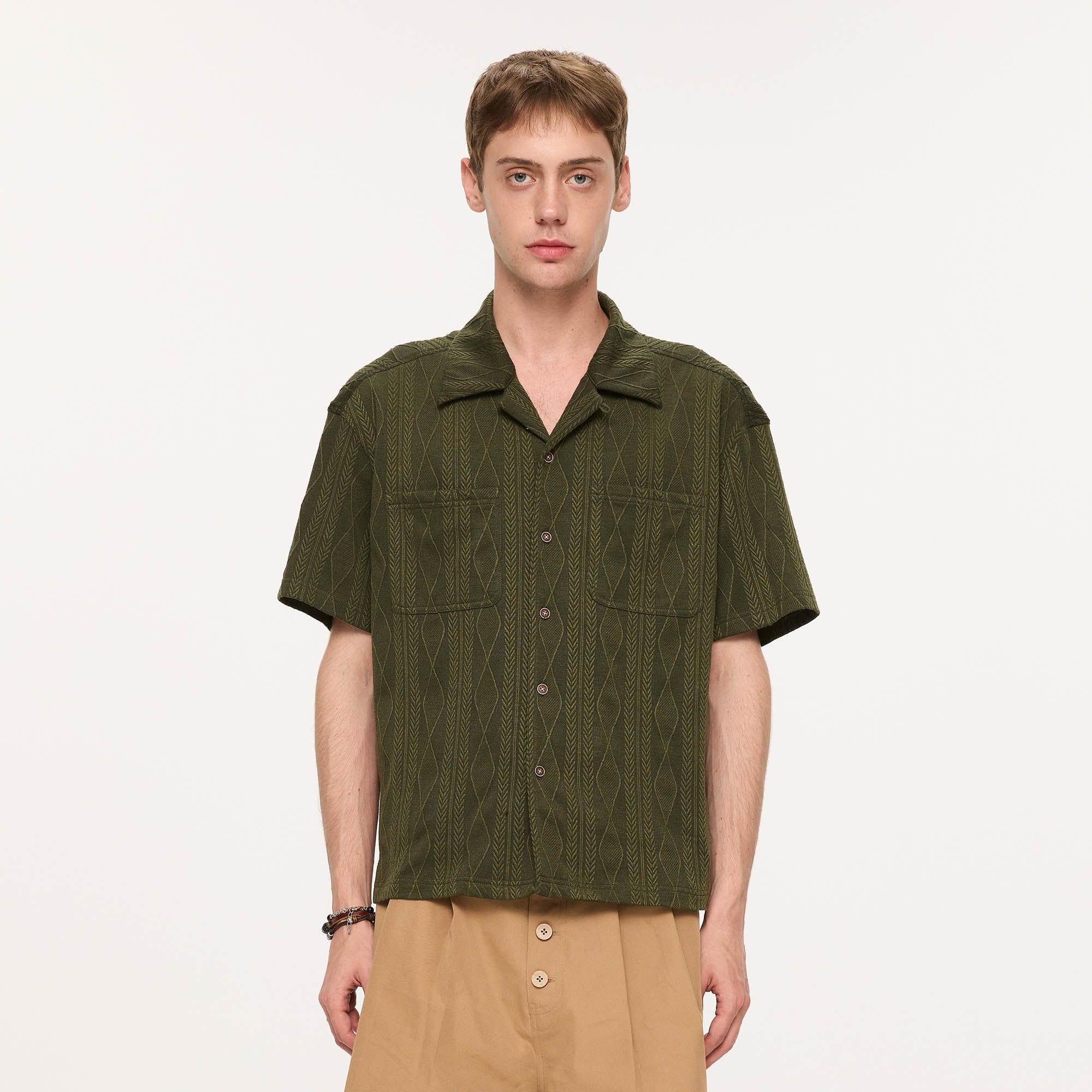 KREATE Cable-Jacquard Pocket Cuban Half Shirt-Half shirt-S-Dark Green-Free Shipping Leatheretro