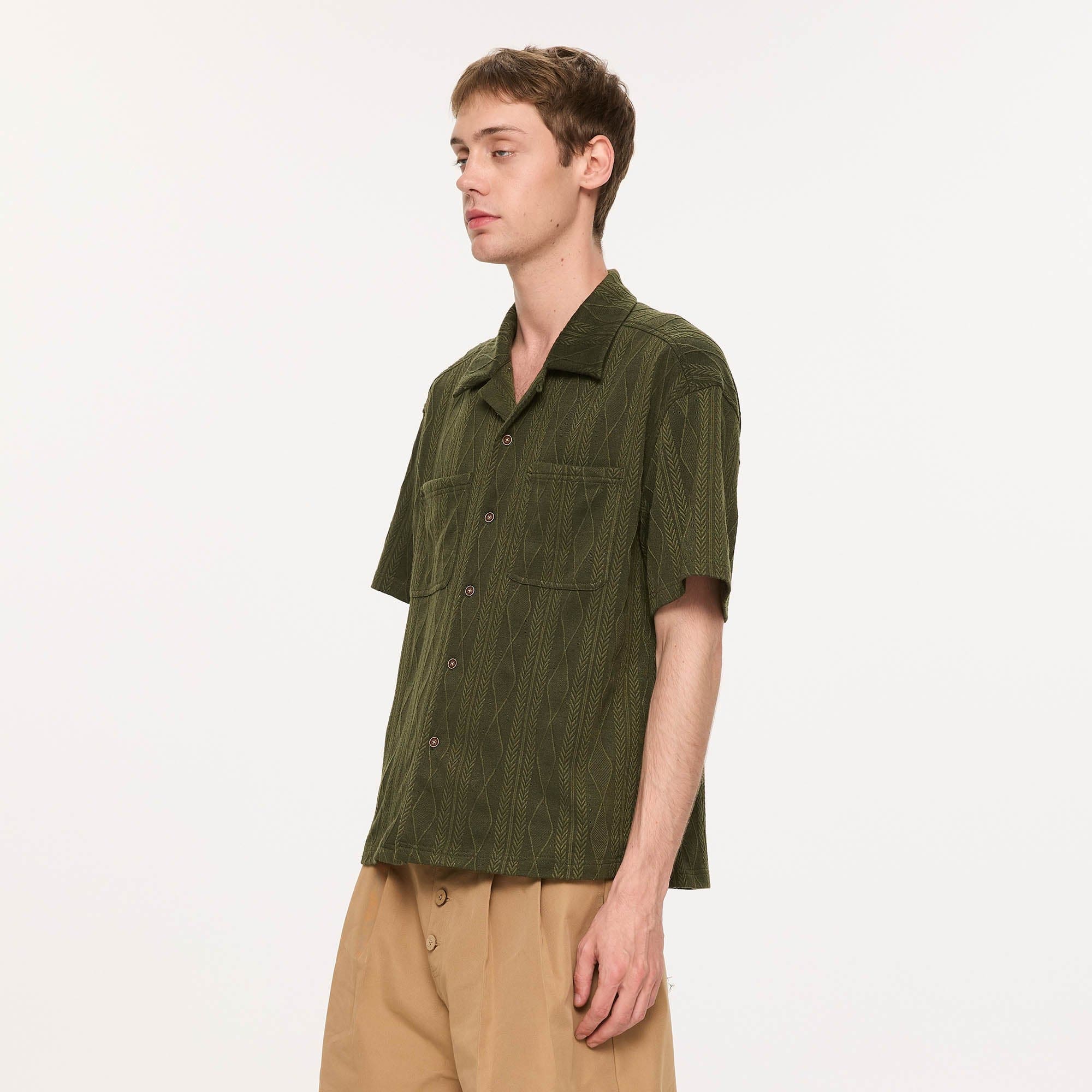KREATE Cable-Jacquard Pocket Cuban Half Shirt-Half shirt-S-Dark Green-Free Shipping Leatheretro