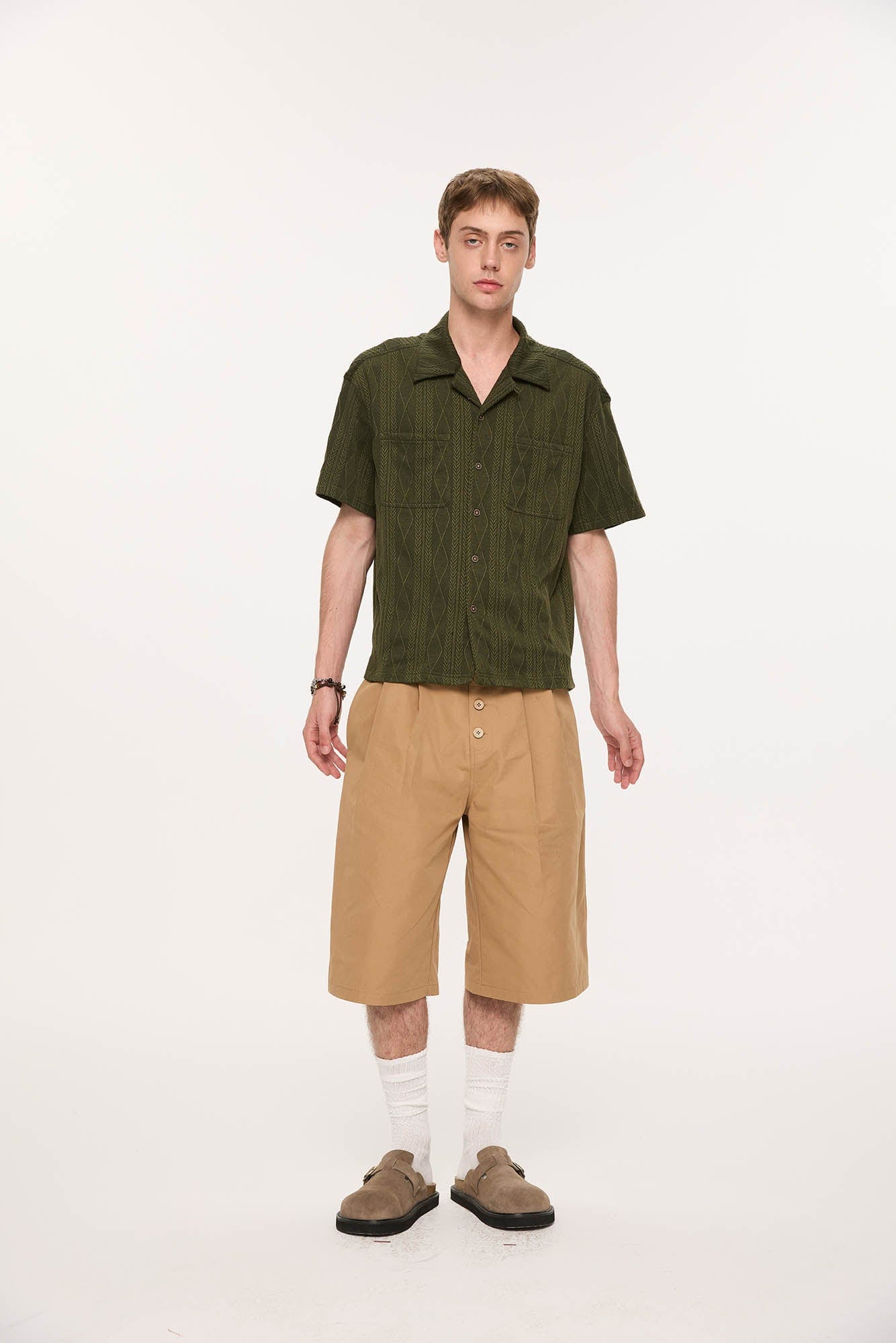 KREATE Cable-Jacquard Pocket Cuban Half Shirt-Half shirt-S-Dark Green-Free Shipping Leatheretro