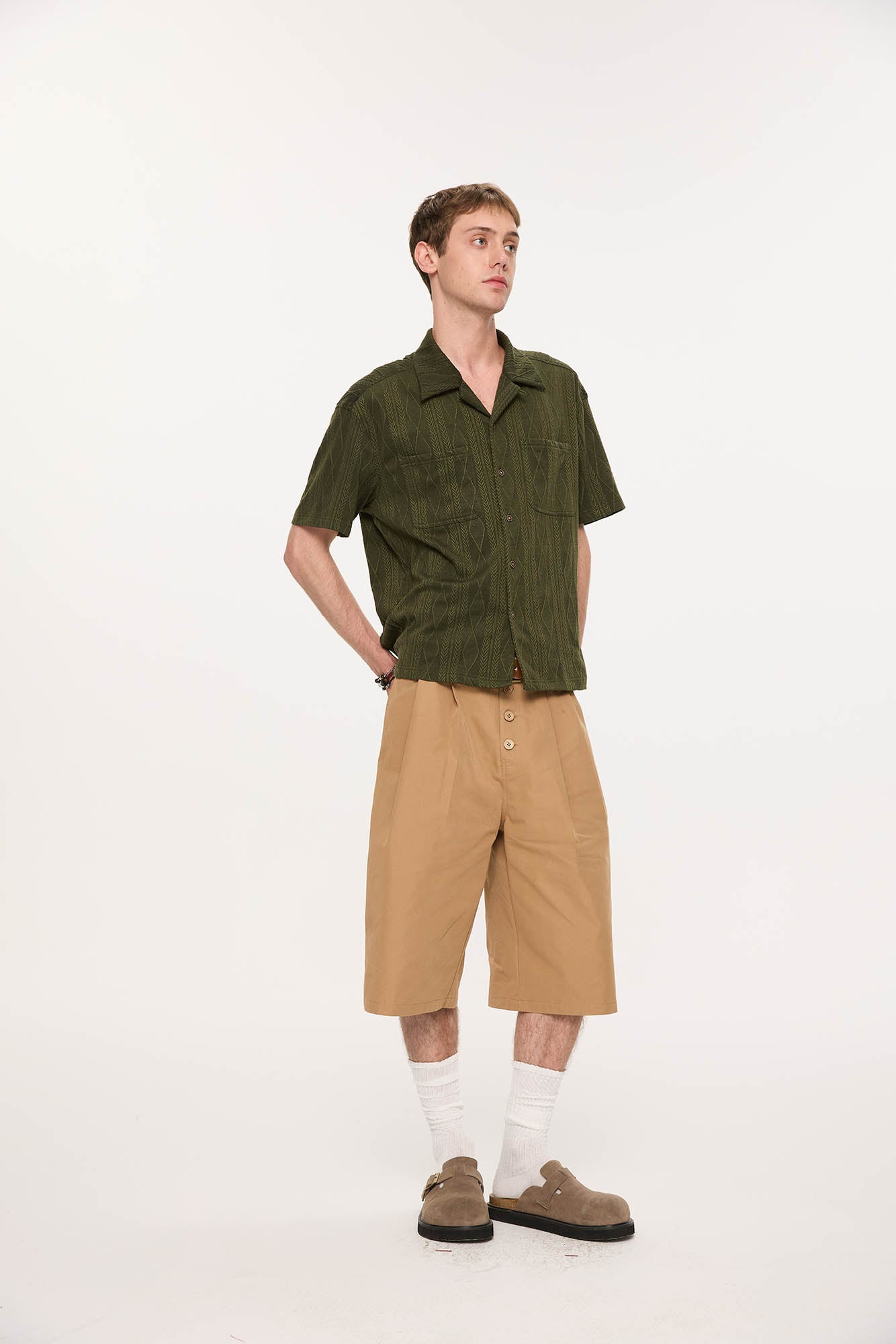 KREATE Cable-Jacquard Pocket Cuban Half Shirt-Half shirt-S-Dark Green-Free Shipping Leatheretro