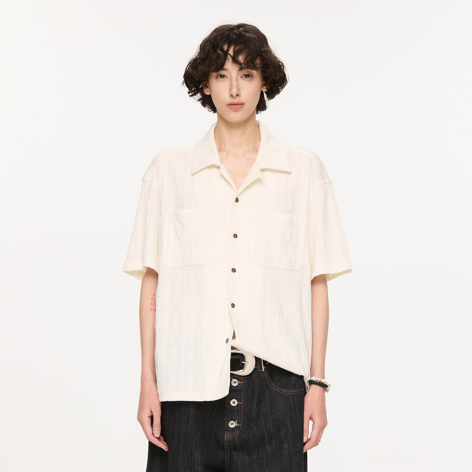 KREATE Cable-Jacquard Pocket Cuban Half Shirt-Half shirt-S-Dark Green-Free Shipping Leatheretro