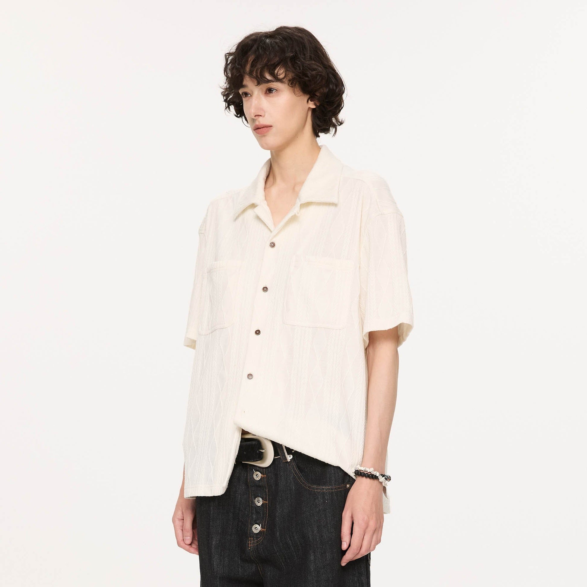 KREATE Cable-Jacquard Pocket Cuban Half Shirt-Half shirt-S-Dark Green-Free Shipping Leatheretro