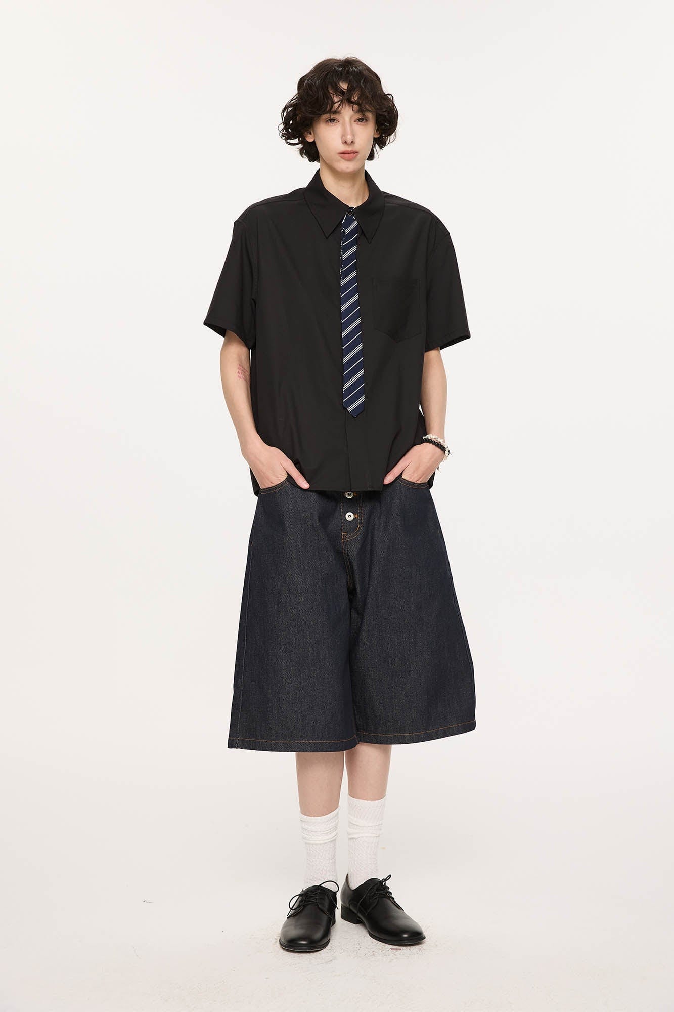 KREATE Essential Button-Up Stitched Denim Shorts-Shorts-S-Navy-Free Shipping Leatheretro