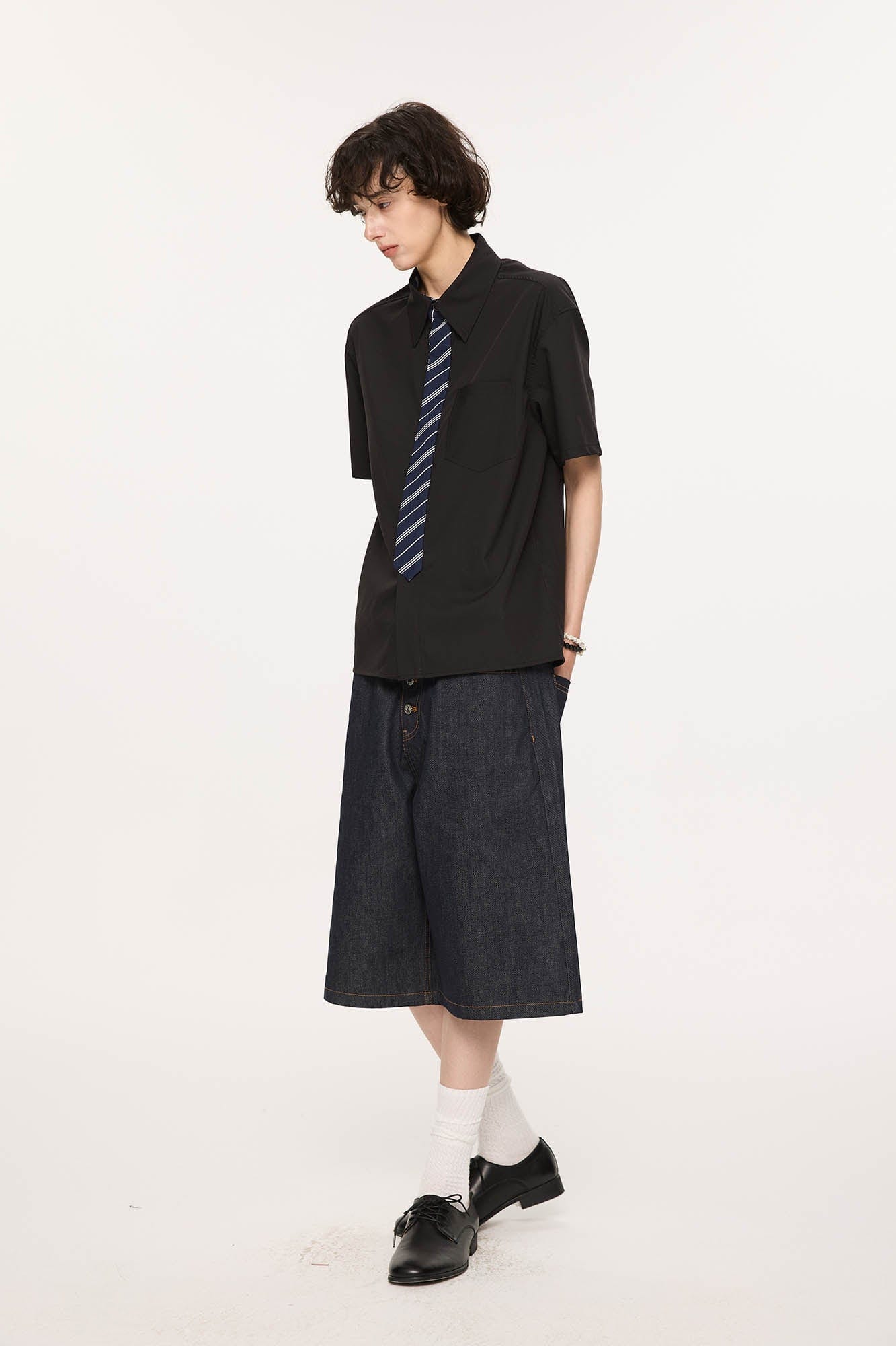 KREATE Essential Button-Up Stitched Denim Shorts-Shorts-S-Navy-Free Shipping Leatheretro