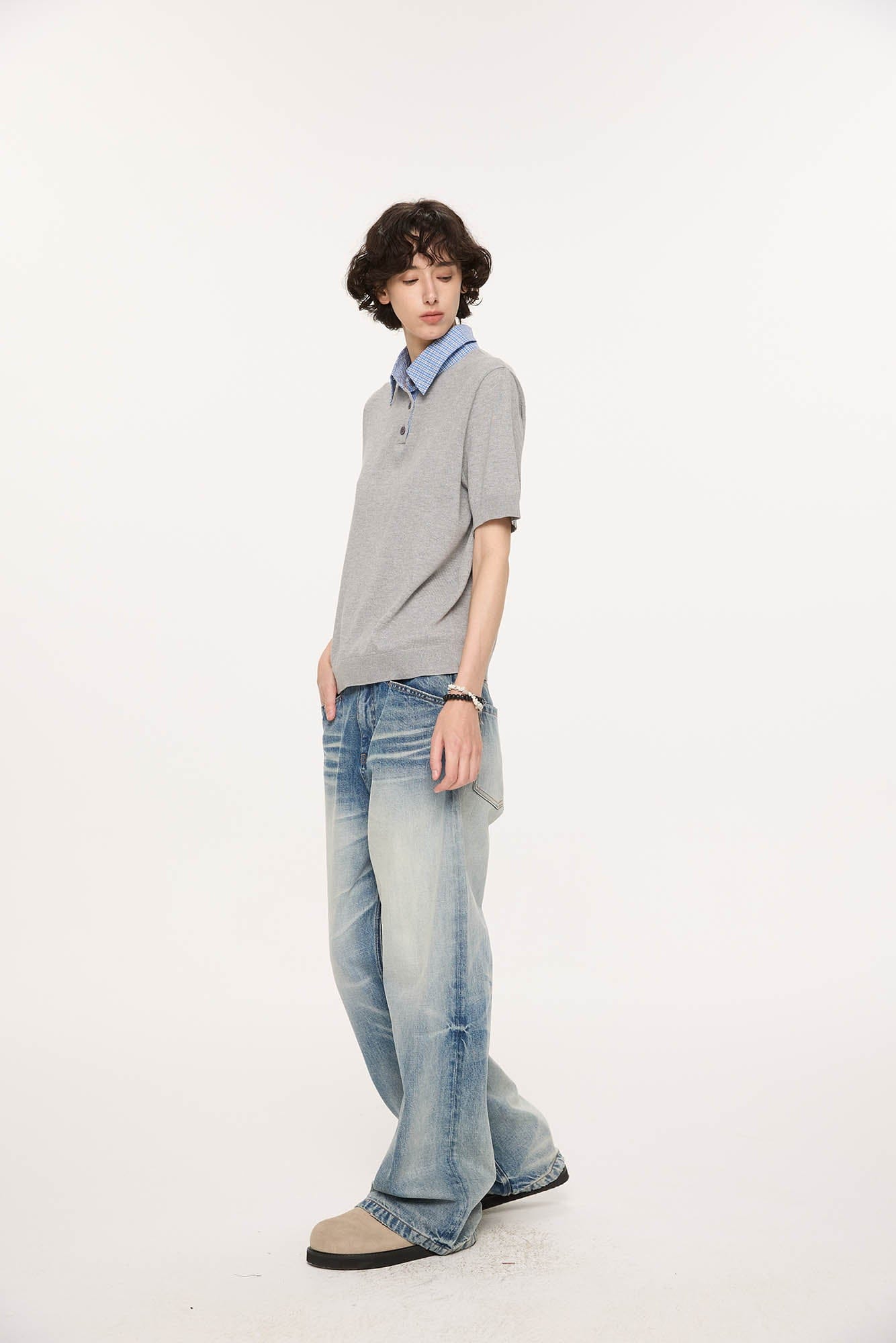 KREATE Preppy Spliced Plaid Collar Knit Polo-T Shirt-S-Navy-Free Shipping Leatheretro