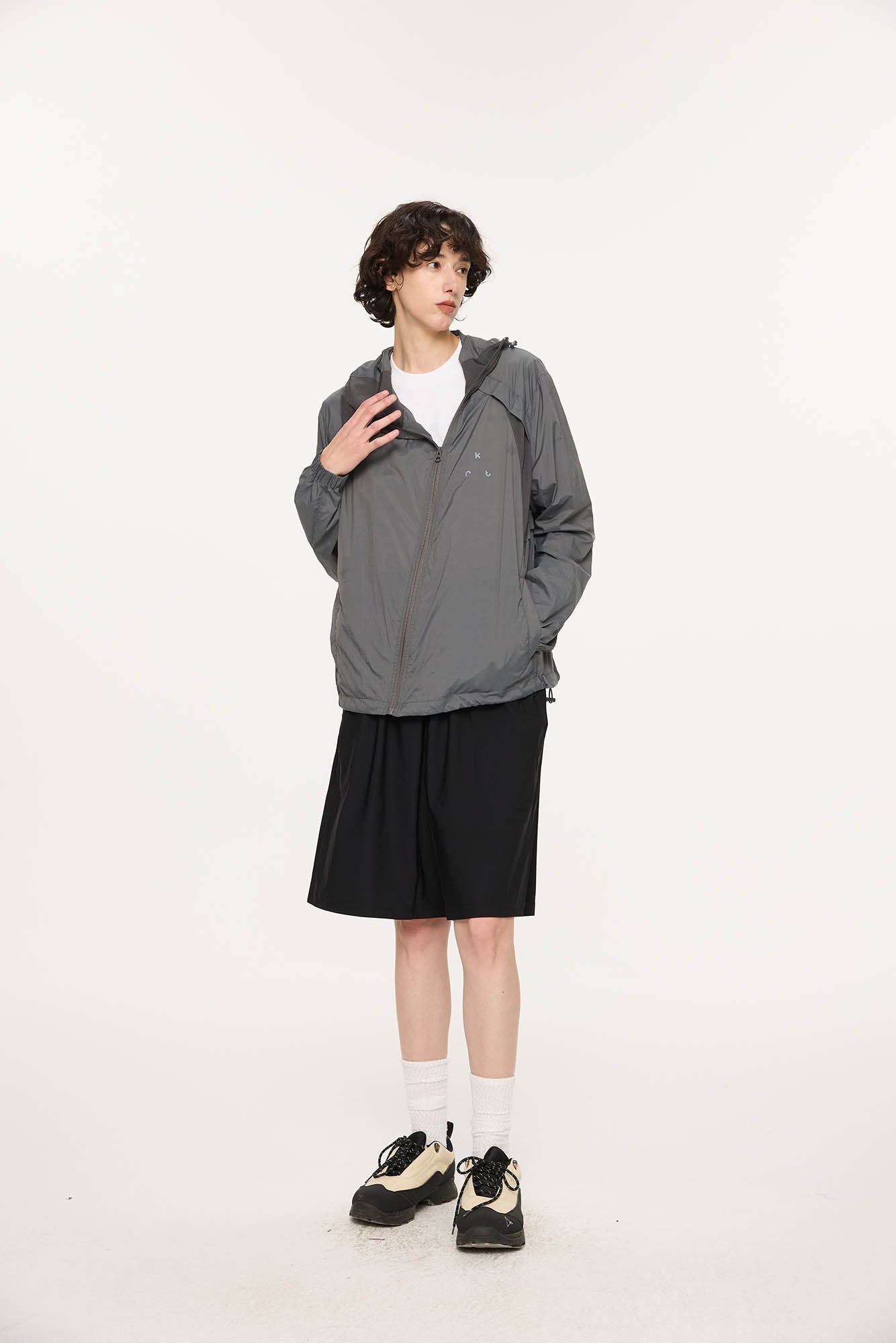 KREATE Asymmetrical Zip Mesh-Paneled UV Protection Hooded Jacket-Jacket-S-Light Gray-Free Shipping Leatheretro