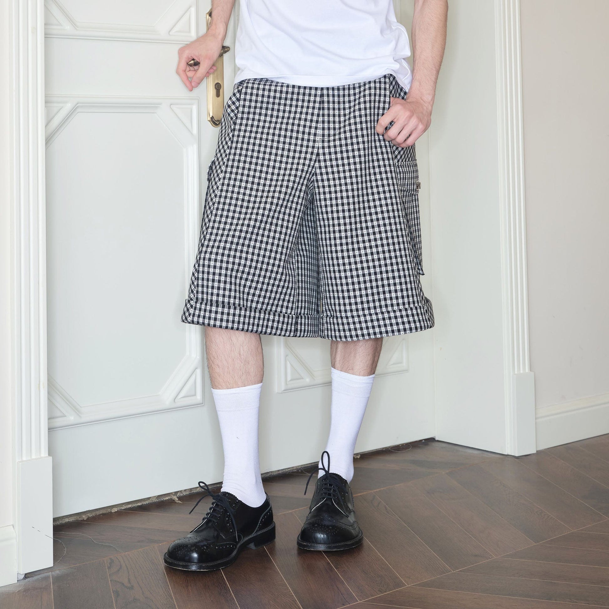 SOURPLUM Retro Gingham Spliced Oversized Shorts-Shorts-S-Free Shipping Leatheretro