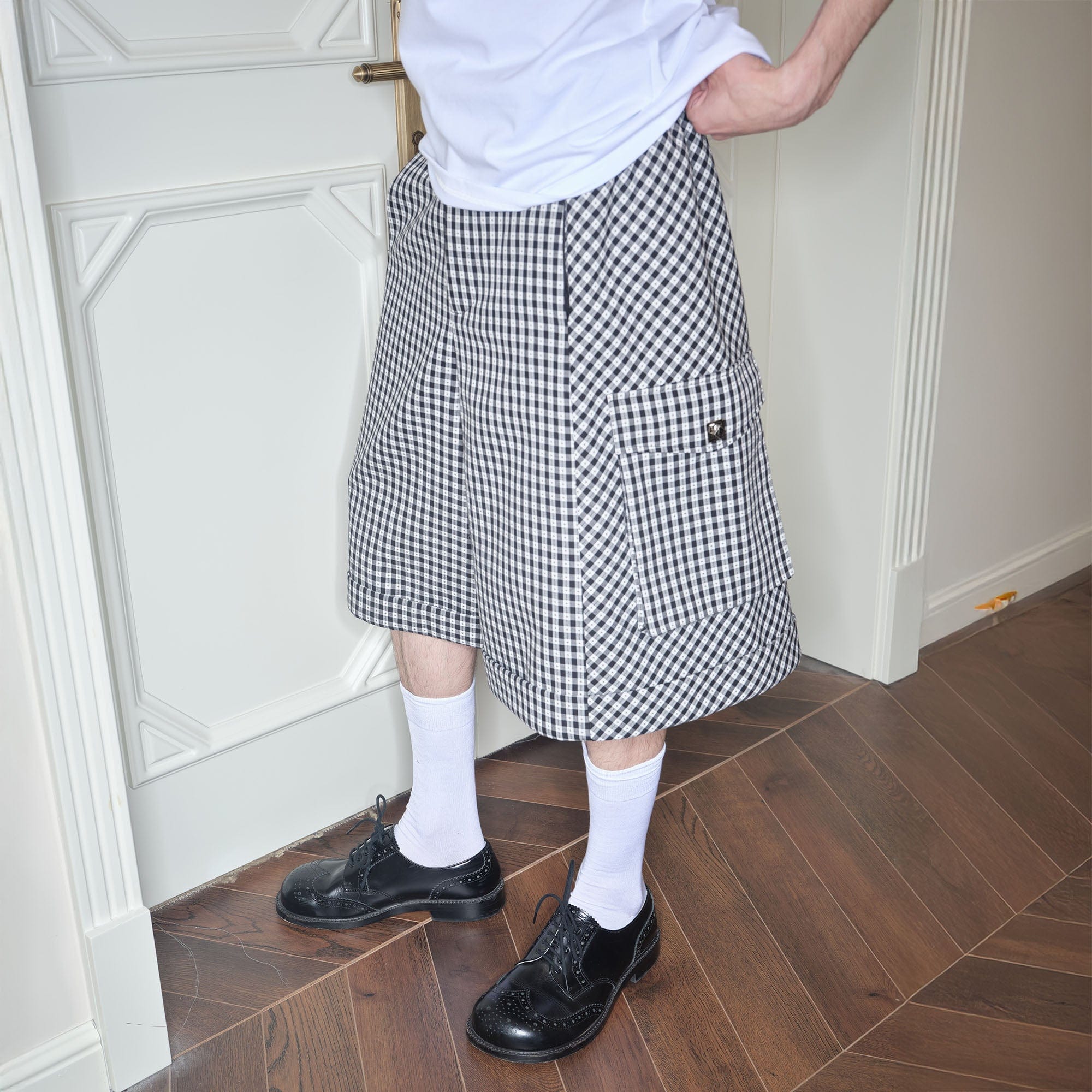 SOURPLUM Retro Gingham Spliced Oversized Shorts-Shorts-S-Free Shipping Leatheretro