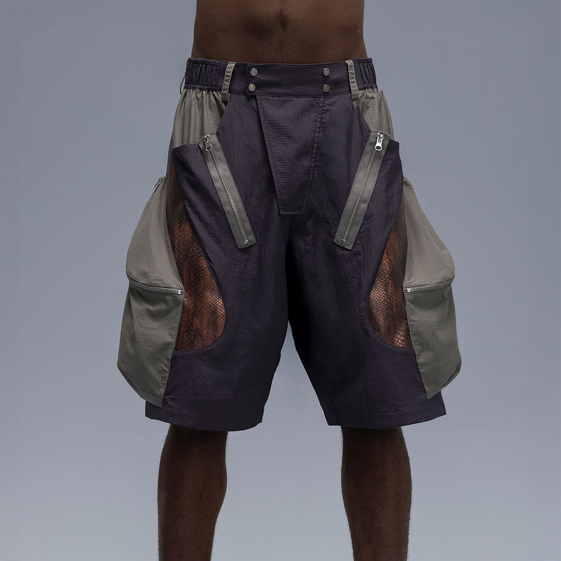 XIPHEVIL Snake Skin Contrast Panel Multi-Pocket Shorts-Shorts-XS-Purple-Free Shipping Leatheretro