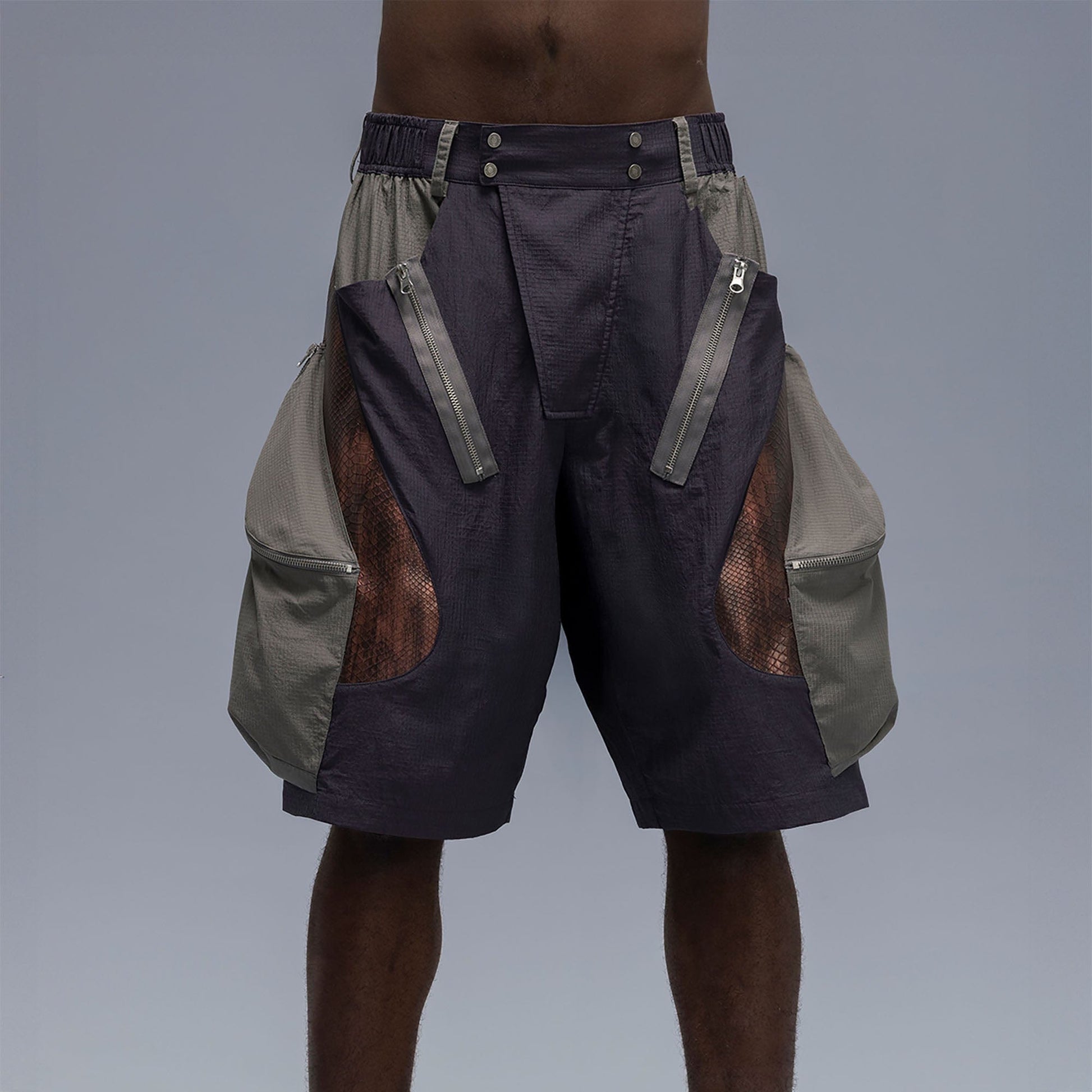 XIPHEVIL Snake Skin Contrast Panel Multi-Pocket Shorts-Shorts-XS-Purple-Free Shipping Leatheretro