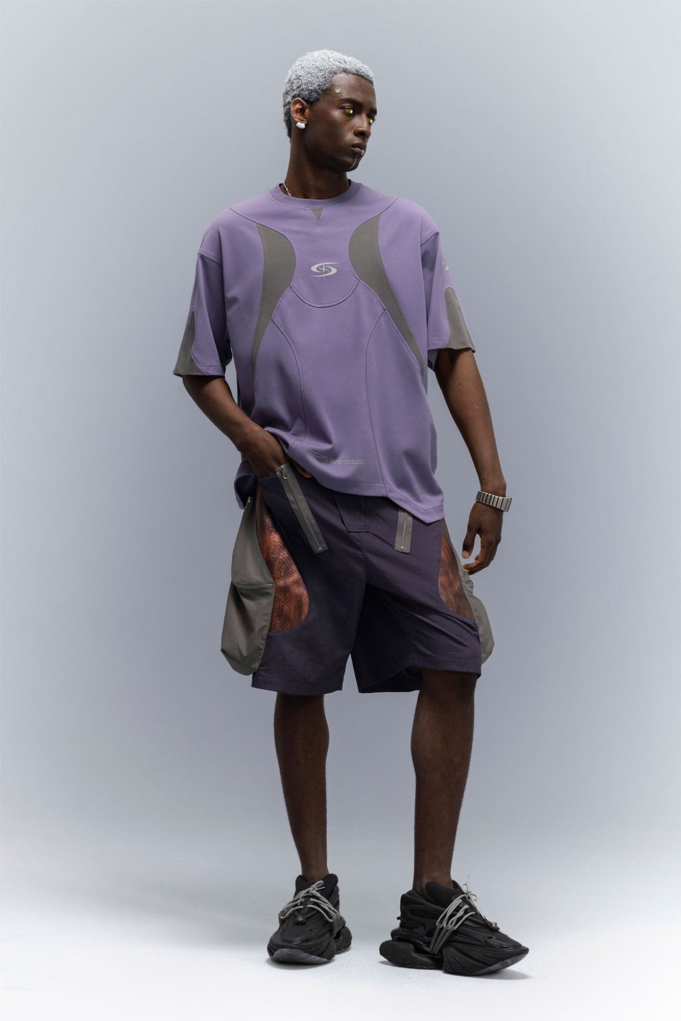 XIPHEVIL Snake Skin Contrast Panel Multi-Pocket Shorts-Shorts-XS-Purple-Free Shipping Leatheretro