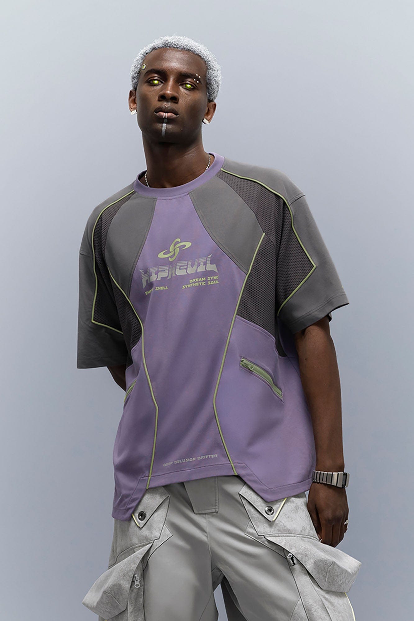 XIPHEVIL Contrast Paneled Mesh Zip-Pocket Raglan T-Shirt Purple-L/S Tee-XS-Free Shipping Leatheretro