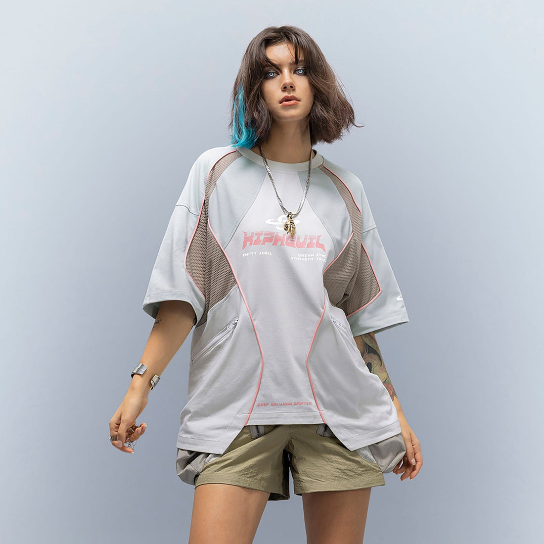 XIPHEVIL Contrast Paneled Mesh Zip-Pocket Raglan T-Shirt Ice-L/S Tee-XS-Free Shipping Leatheretro