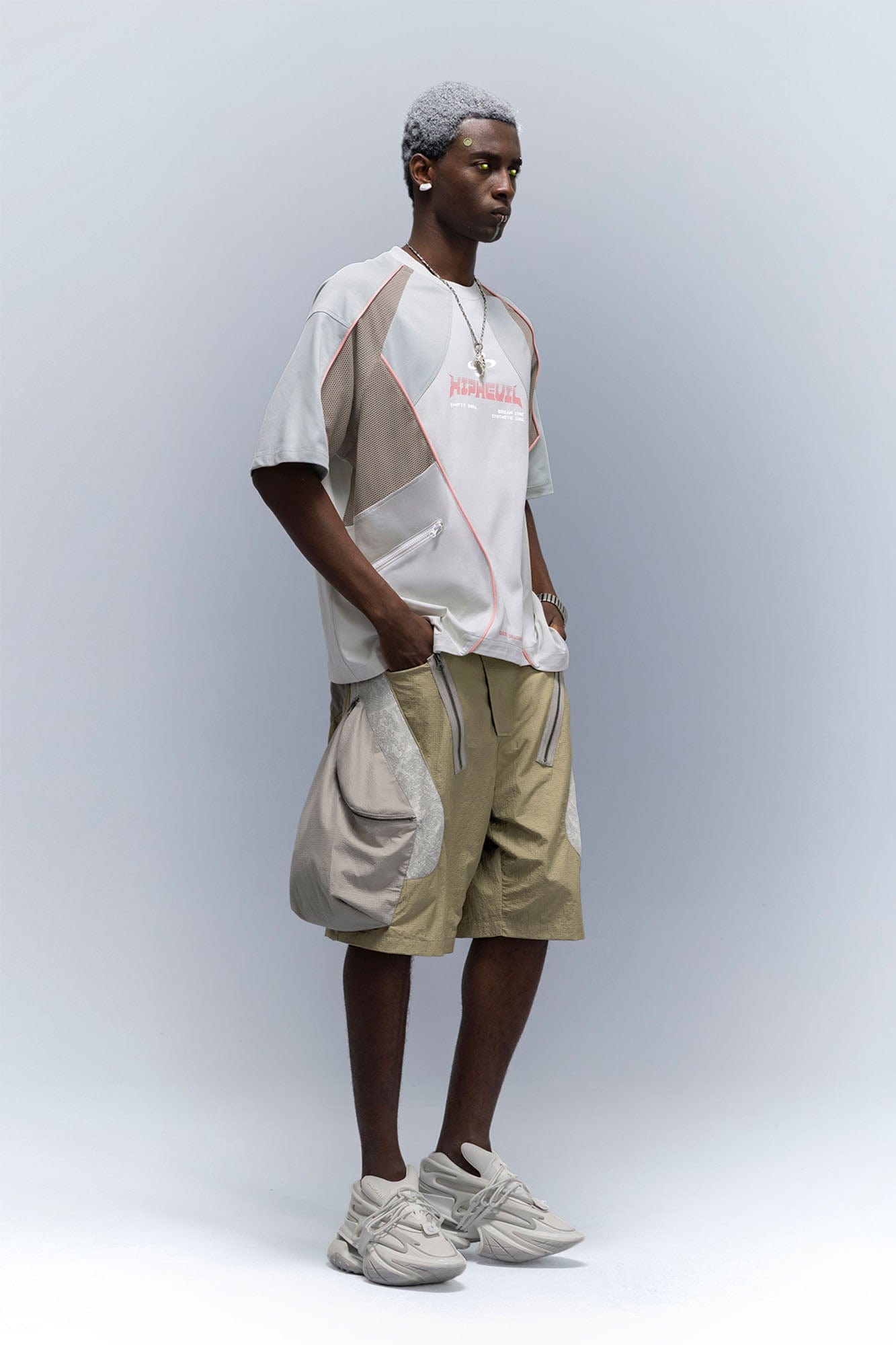 XIPHEVIL Contrast Paneled Mesh Zip-Pocket Raglan T-Shirt Ice-L/S Tee-XS-Free Shipping Leatheretro