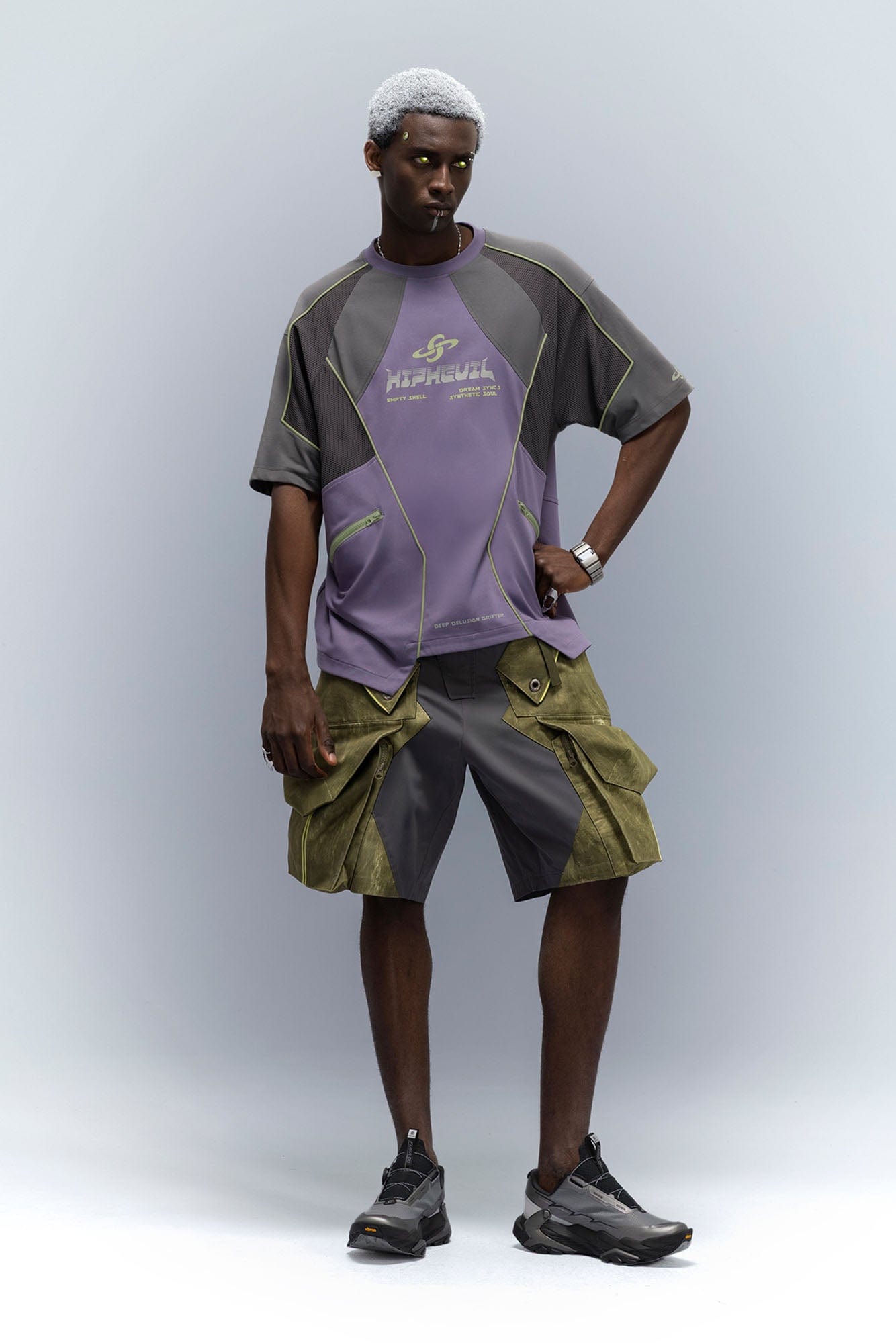 XIPHEVIL Contrast Paneled Mesh Zip-Pocket Raglan T-Shirt Purple-L/S Tee-XS-Free Shipping Leatheretro