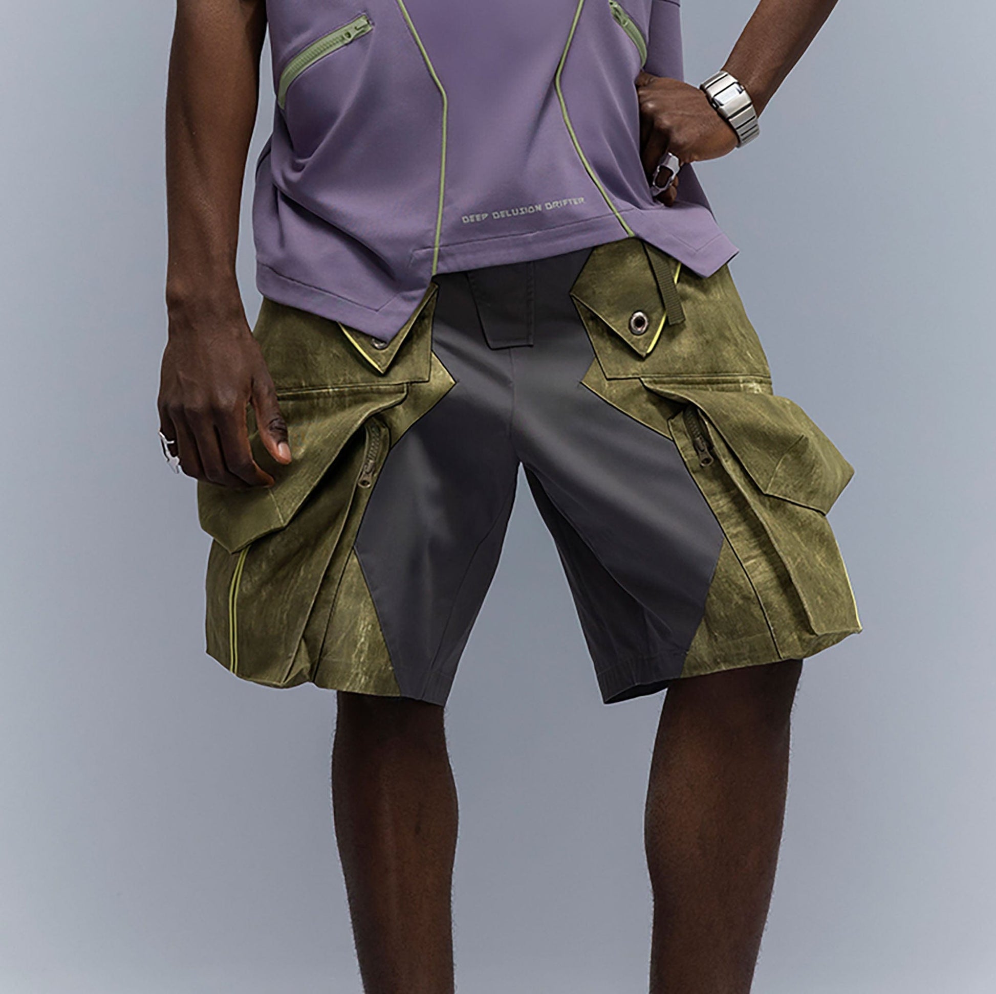 XIPHEVIL Washed Contrast Panel Pocket Utility Shorts Green-Shorts-XS-Free Shipping Leatheretro