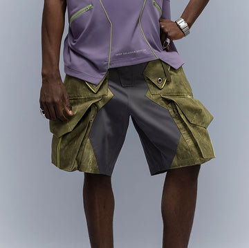 XIPHEVIL Washed Contrast Panel Pocket Utility Shorts Green-Shorts-XS-Free Shipping Leatheretro