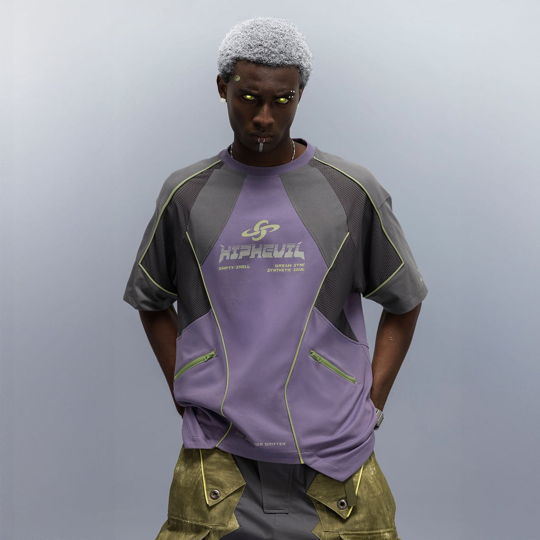 XIPHEVIL Contrast Paneled Mesh Zip-Pocket Raglan T-Shirt Purple-L/S Tee-XS-Free Shipping Leatheretro