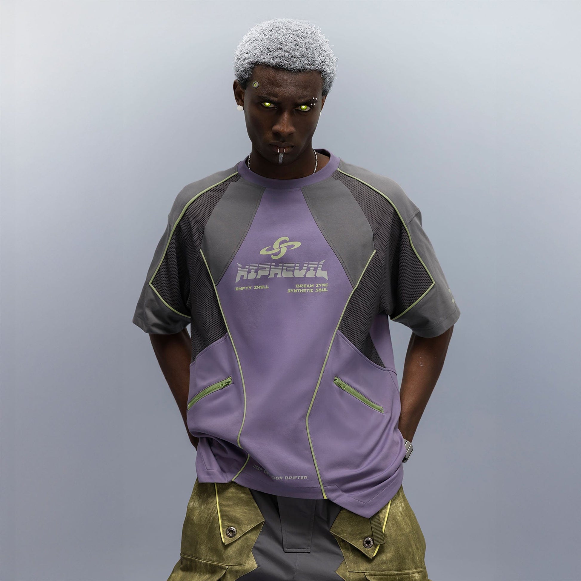 XIPHEVIL Contrast Paneled Mesh Zip-Pocket Raglan T-Shirt Purple-L/S Tee-XS-Free Shipping Leatheretro
