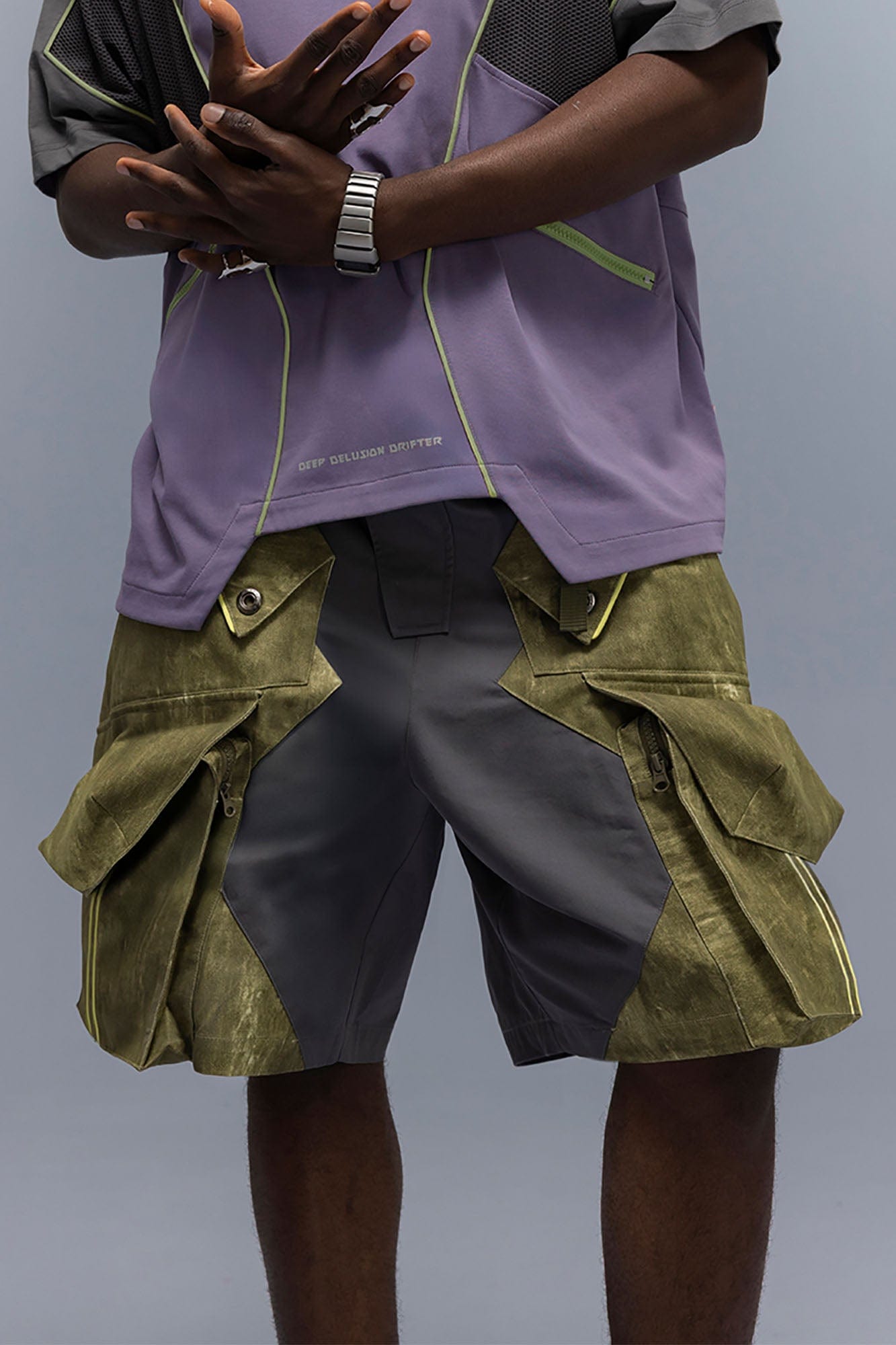 XIPHEVIL Washed Contrast Panel Pocket Utility Shorts Green-Shorts-XS-Free Shipping Leatheretro