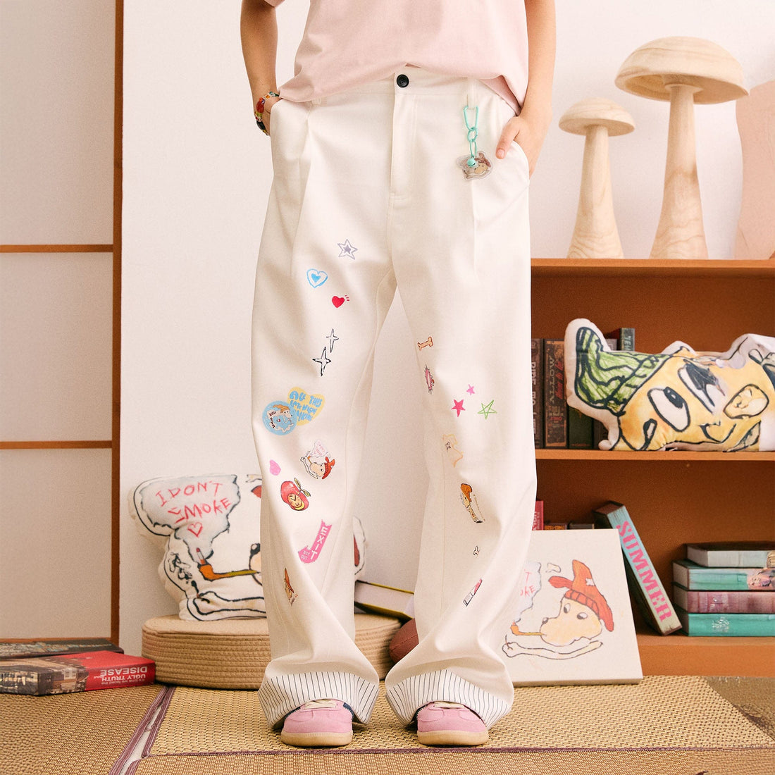 DONSMOKE Puppy Sticker Fold Striped Hem Trousers-Pants-S-Black-Free Shipping Leatheretro