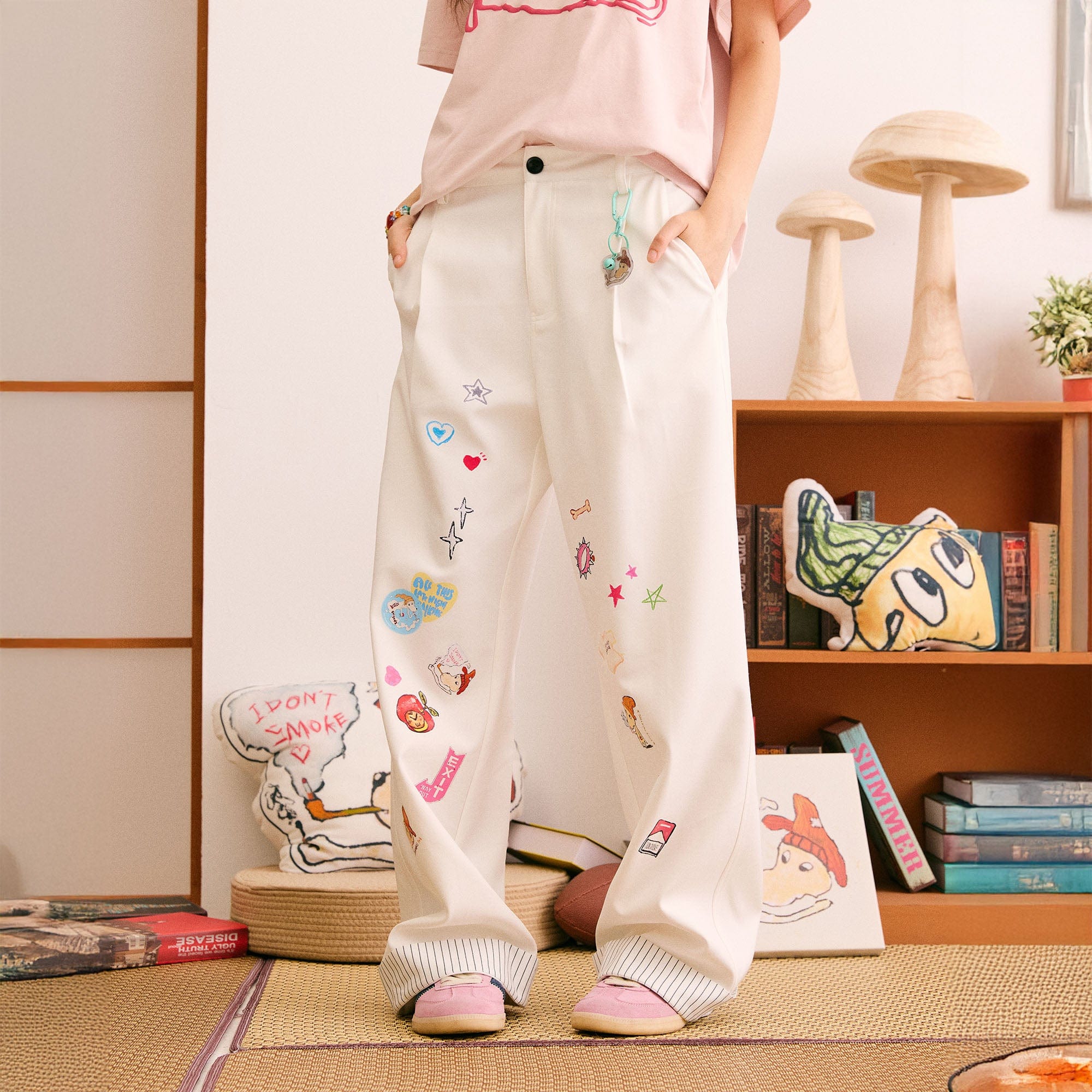 DONSMOKE Puppy Sticker Fold Striped Hem Trousers-Pants-S-Black-Free Shipping Leatheretro