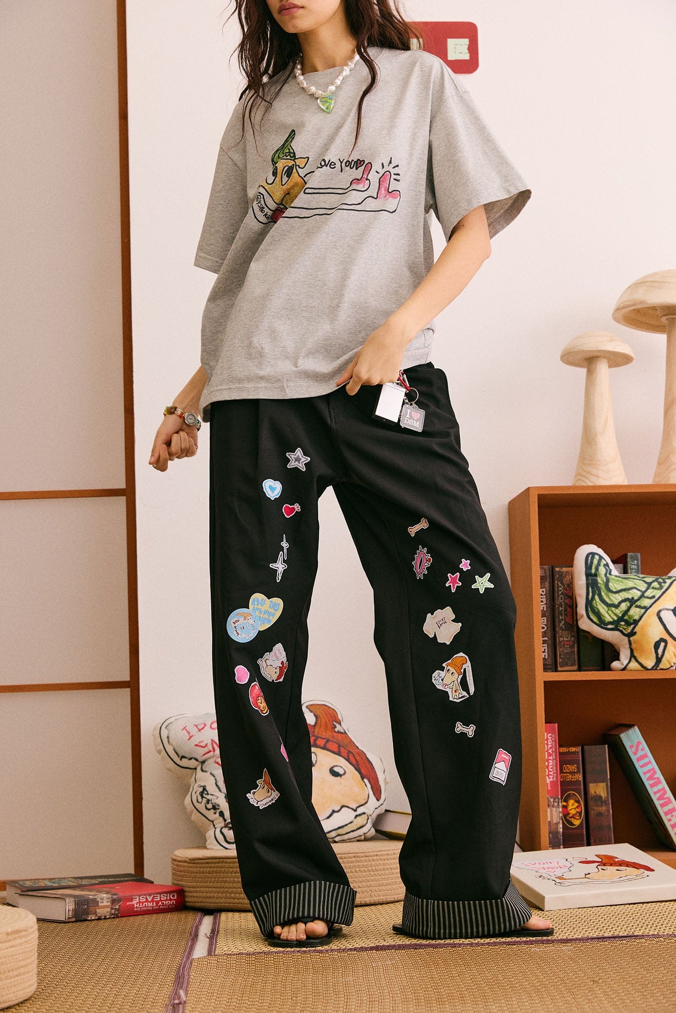 DONSMOKE Puppy Sticker Fold Striped Hem Trousers-Pants-S-Black-Free Shipping Leatheretro