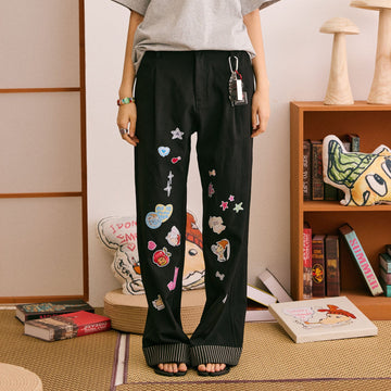 DONSMOKE Puppy Sticker Fold Striped Hem Trousers-Pants-S-Black-Free Shipping Leatheretro