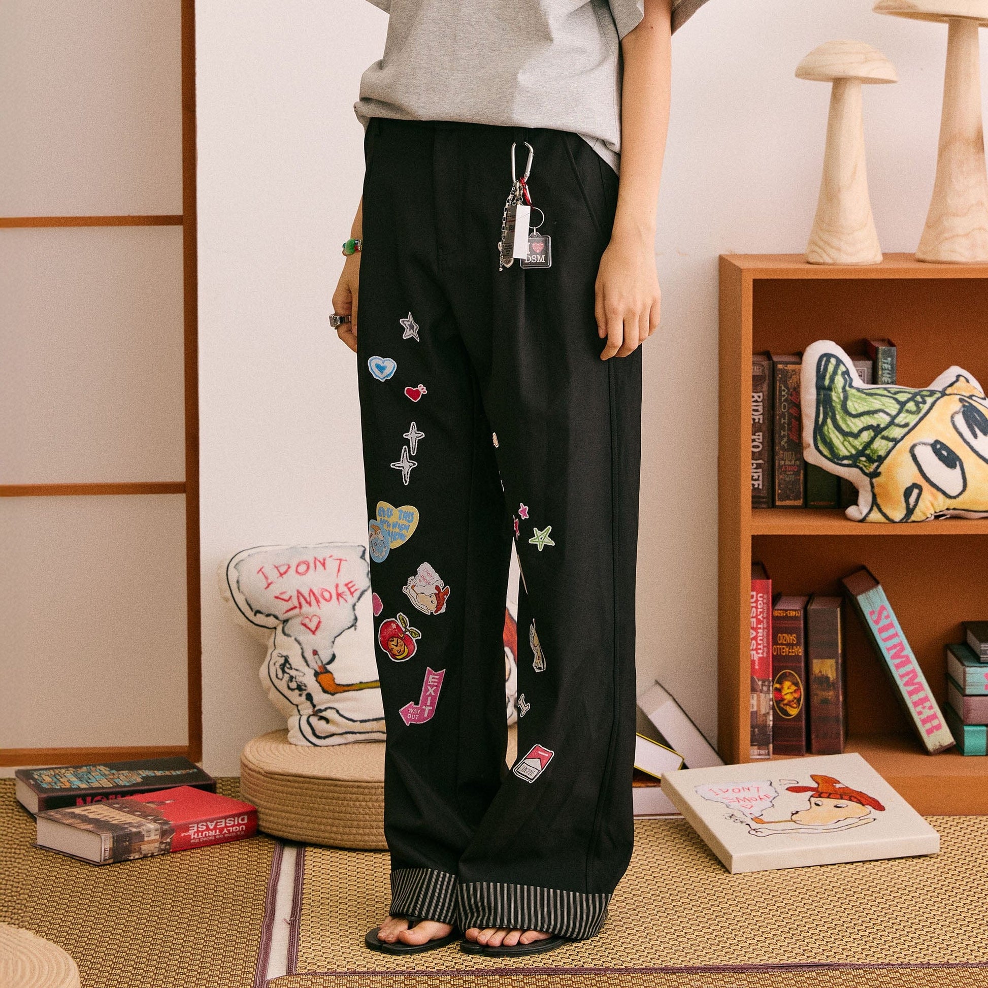 DONSMOKE Puppy Sticker Fold Striped Hem Trousers-Pants-S-Black-Free Shipping Leatheretro