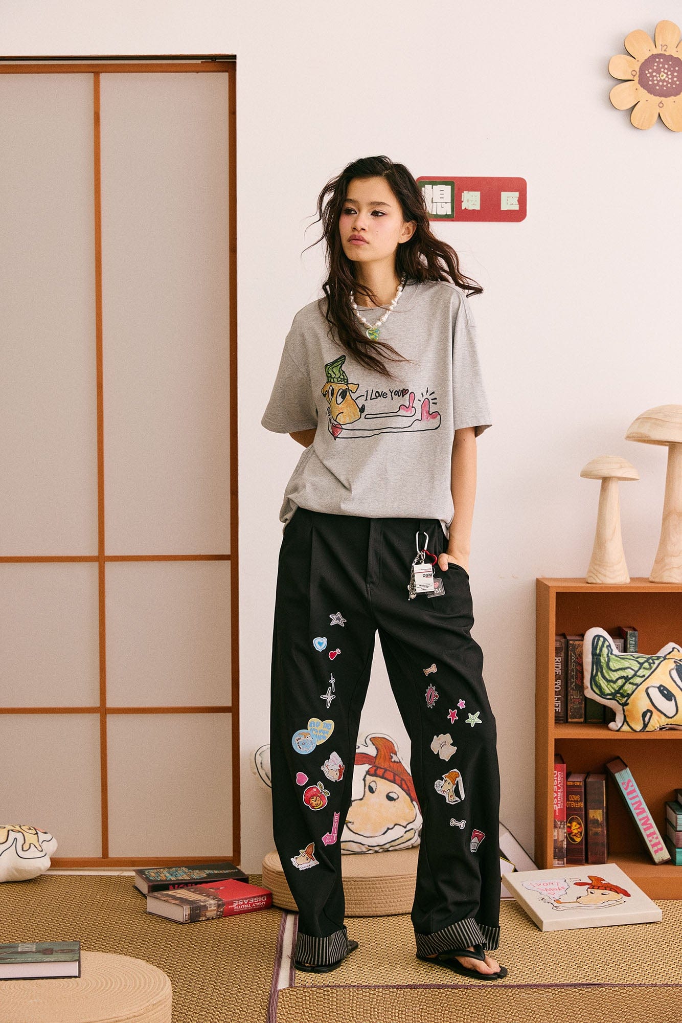 DONSMOKE Puppy Sticker Fold Striped Hem Trousers-Pants-S-Black-Free Shipping Leatheretro