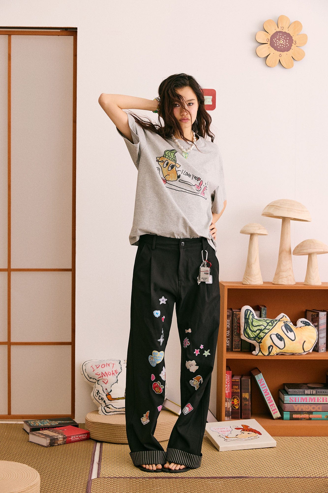 DONSMOKE Puppy Sticker Fold Striped Hem Trousers-Pants-S-Black-Free Shipping Leatheretro