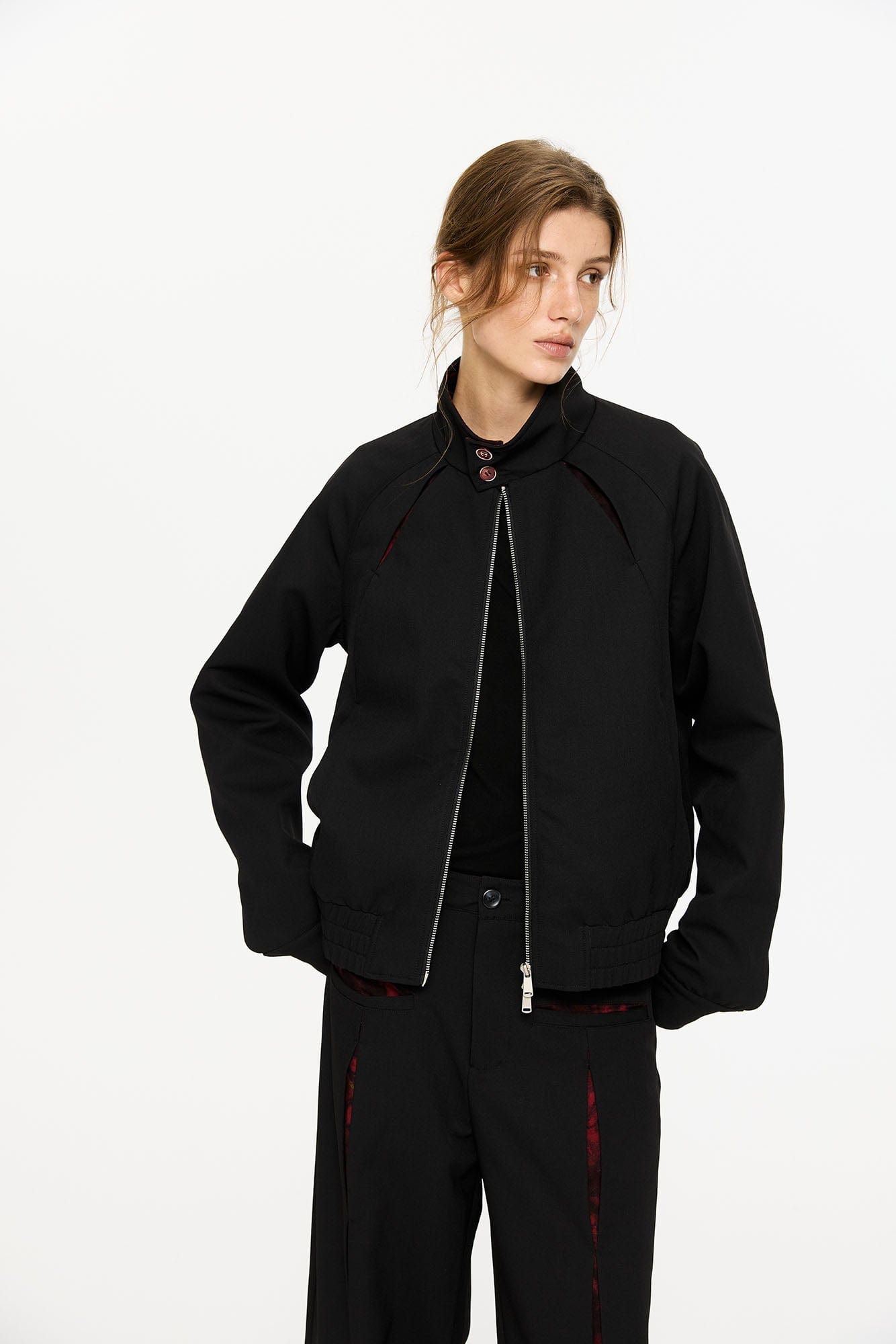 KREATE Floral-Lined Spliced Harrington Jacket-Jacket-S-Black-Free Shipping Leatheretro