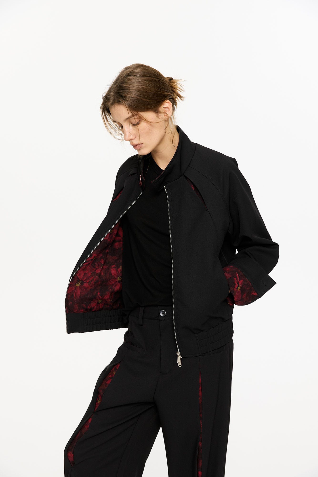 KREATE Floral-Lined Spliced Harrington Jacket-Jacket-S-Black-Free Shipping Leatheretro