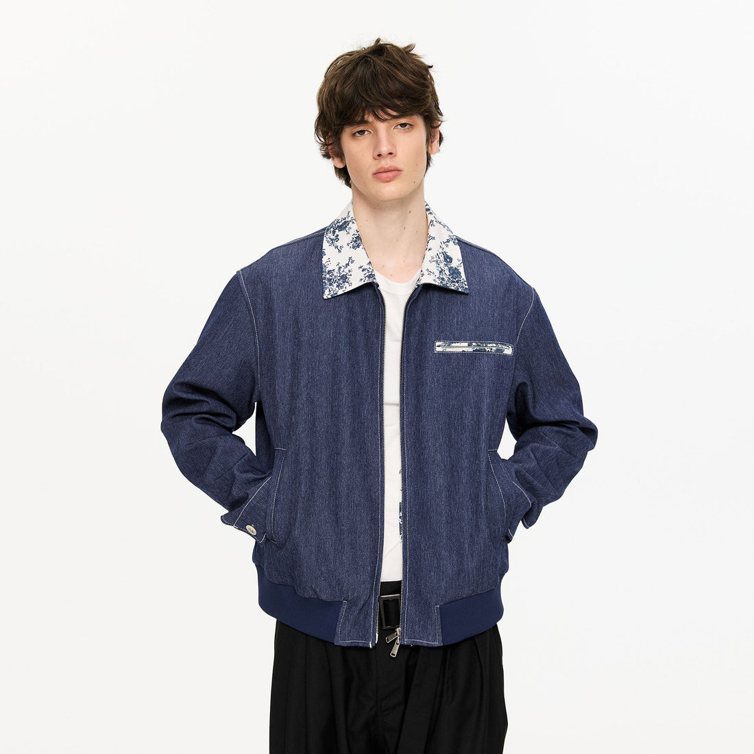 KREATE Contrast Floral Collar Jacket-Jacket-S-Navy-Free Shipping Leatheretro