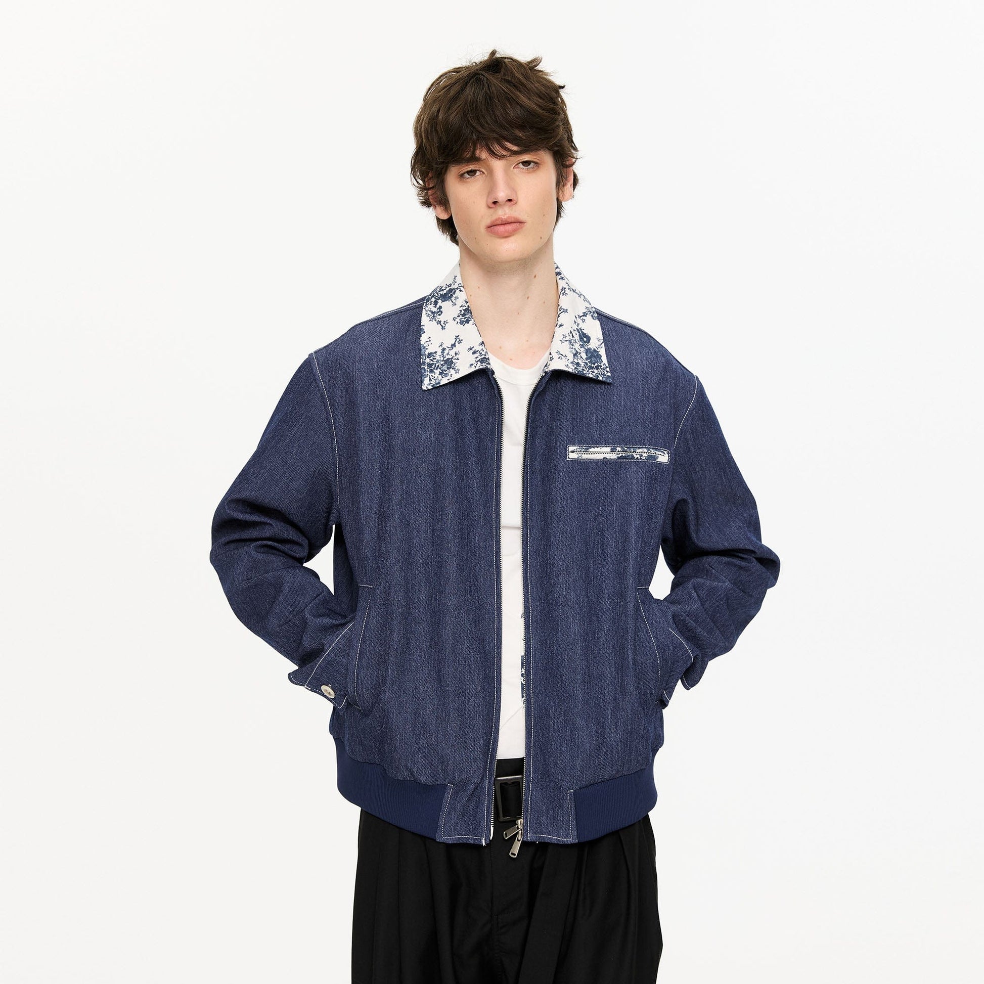 KREATE Contrast Floral Collar Jacket-Jacket-S-Navy-Free Shipping Leatheretro