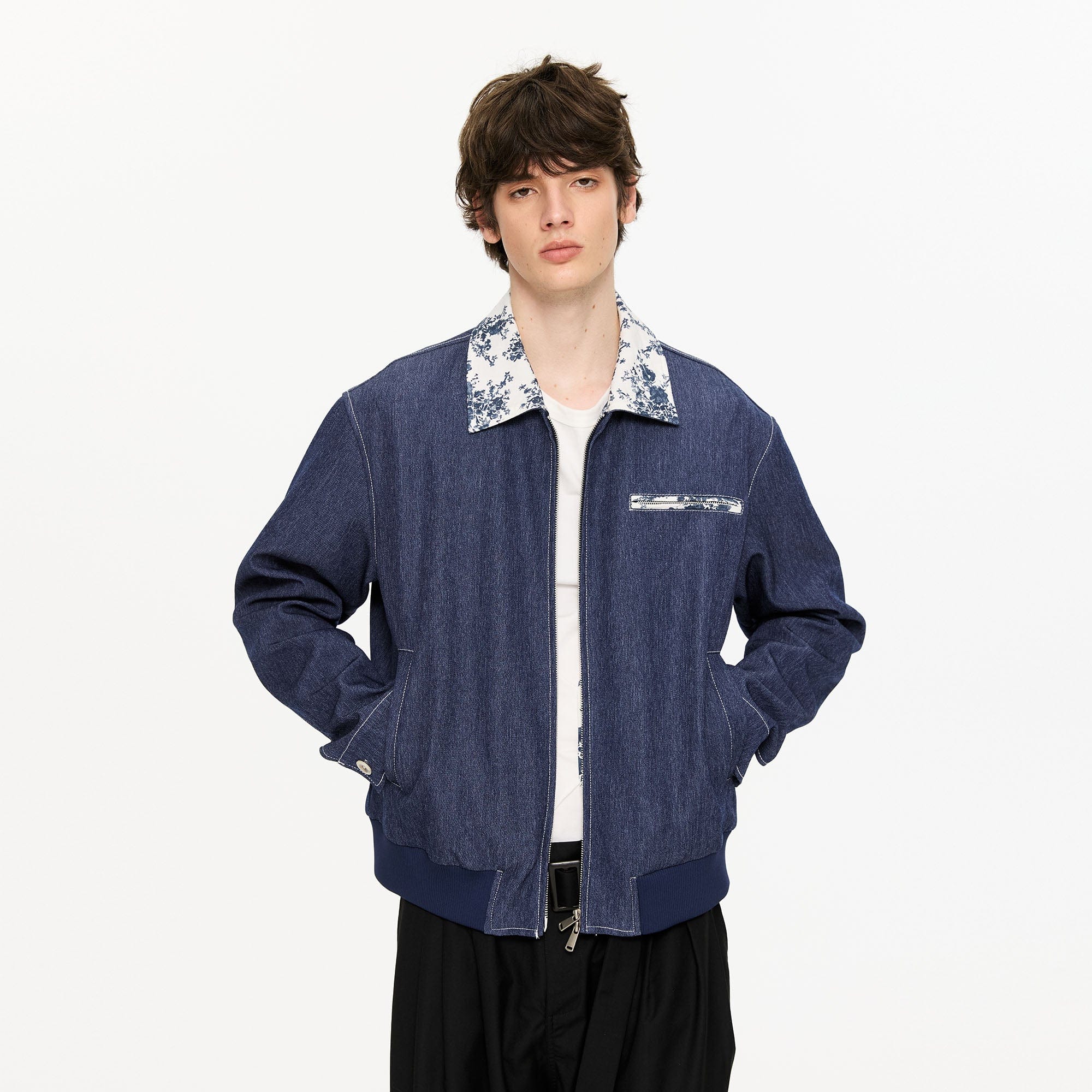 KREATE Contrast Floral Collar Jacket-Jacket-S-Navy-Free Shipping Leatheretro