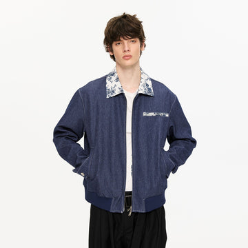 KREATE Contrast Floral Collar Jacket-Jacket-S-Navy-Free Shipping Leatheretro