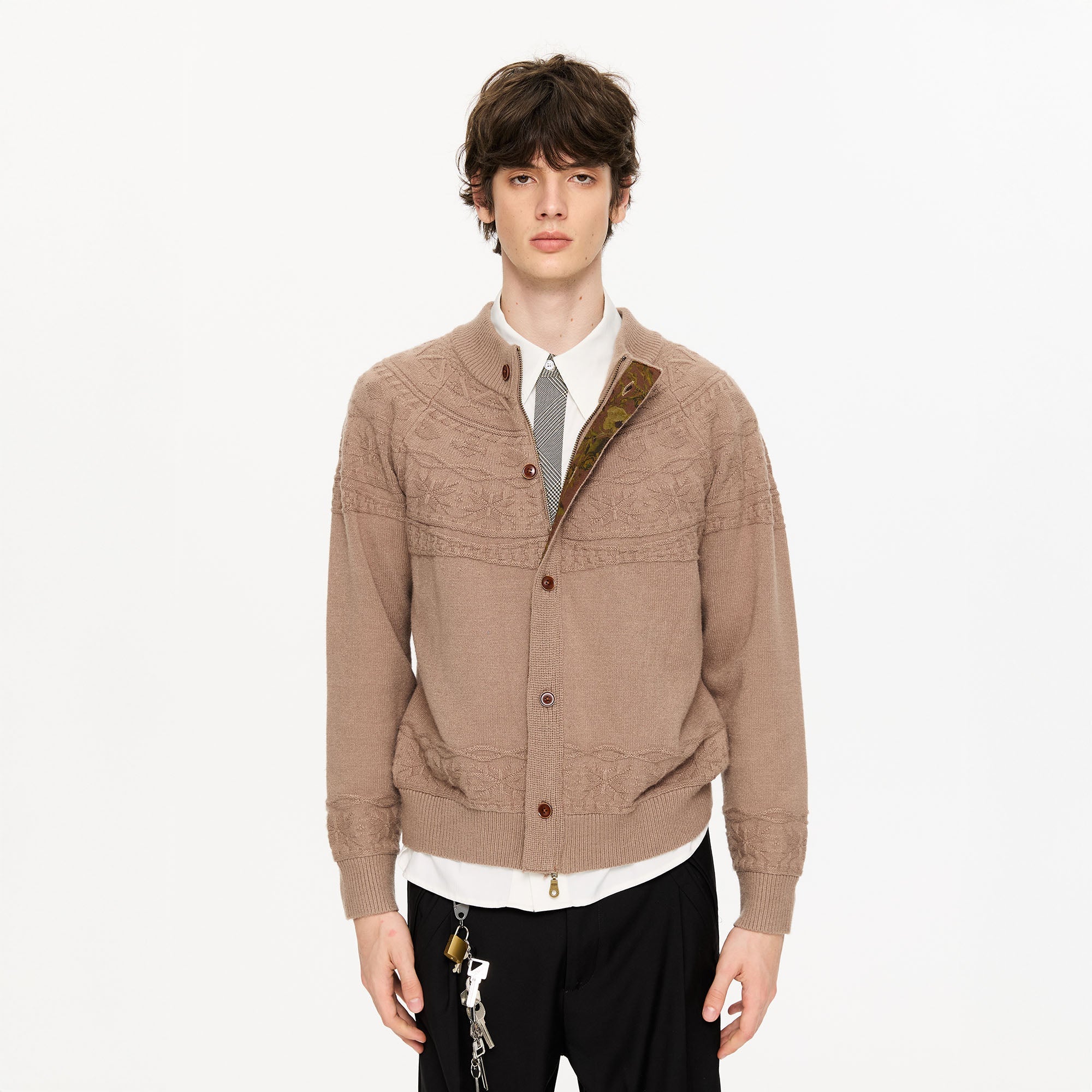 KREATE Double-Placket Jacquard Yoke Cardigan-Sweater-S-Coffee-Free Shipping Leatheretro