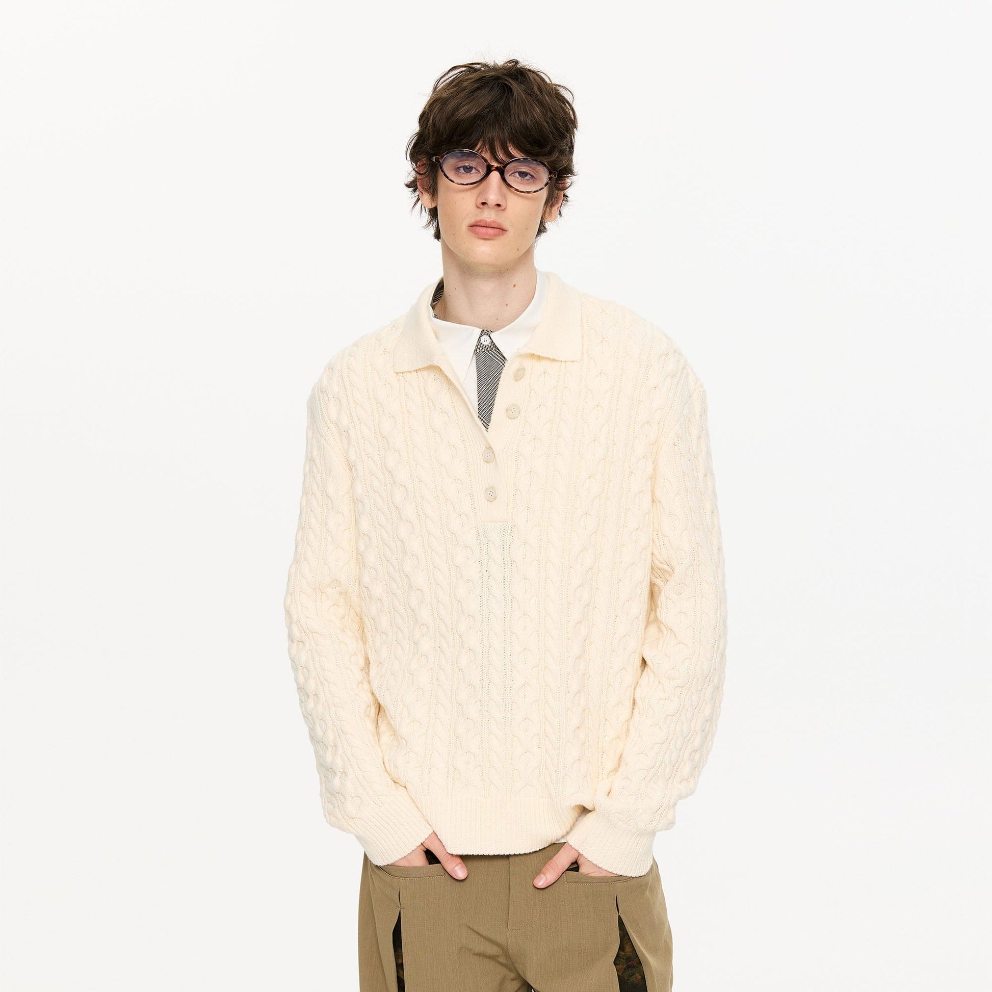 KREATE Cable Knit Polo Sweater-Sweater-S-Beige-Free Shipping Leatheretro