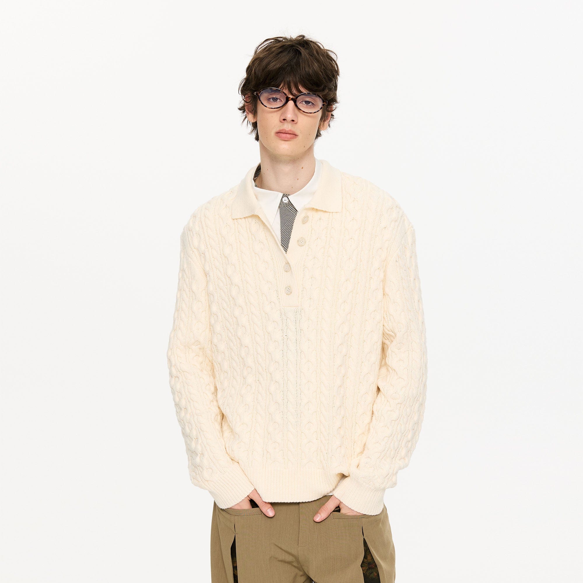 KREATE Cable Knit Polo Sweater-Sweater-S-Beige-Free Shipping Leatheretro