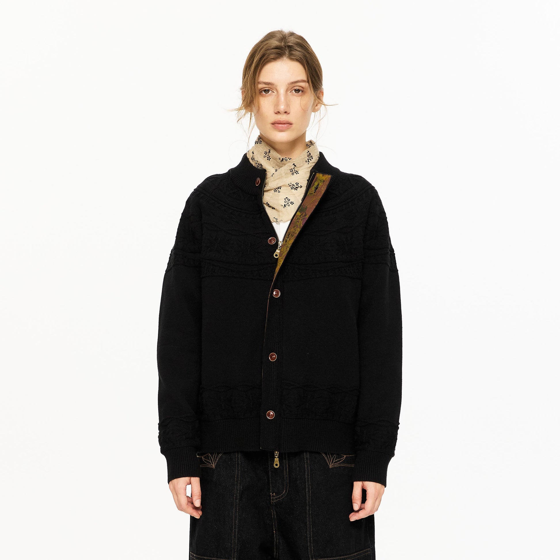 KREATE Double-Placket Jacquard Yoke Cardigan-Sweater-S-Black-Free Shipping Leatheretro