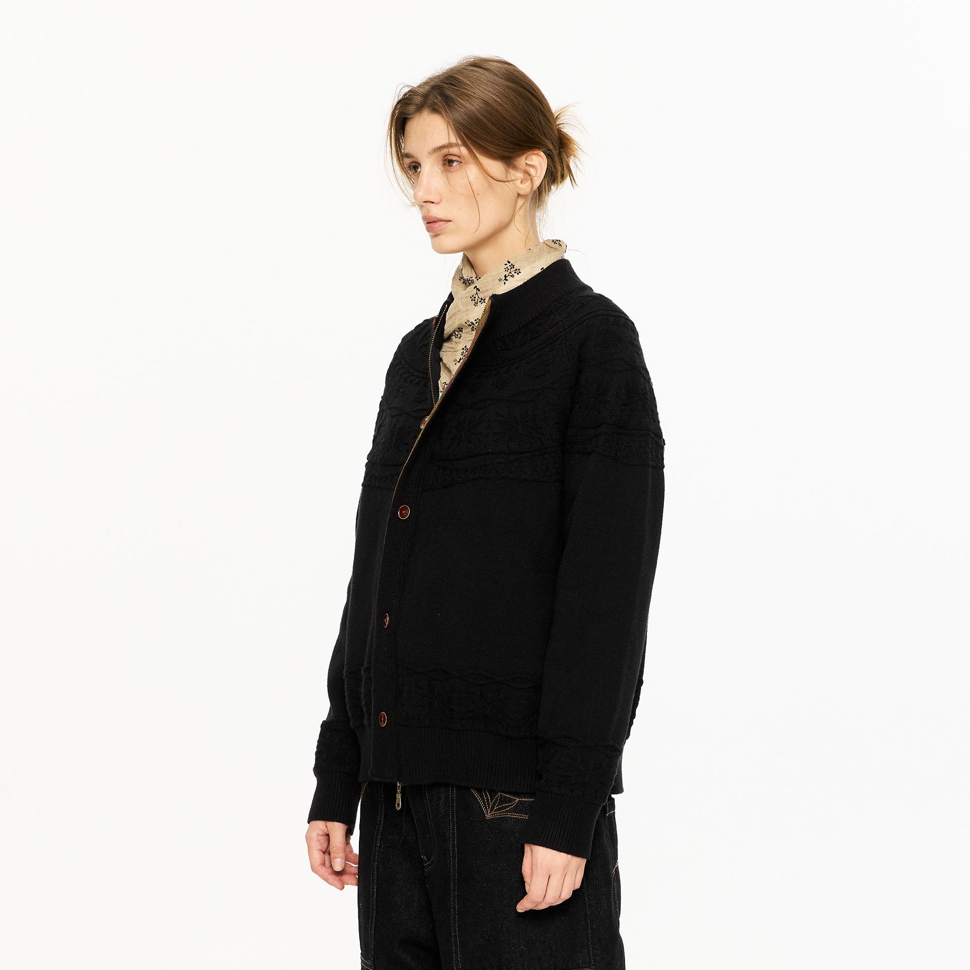 KREATE Double-Placket Jacquard Yoke Cardigan-Sweater-S-Black-Free Shipping Leatheretro