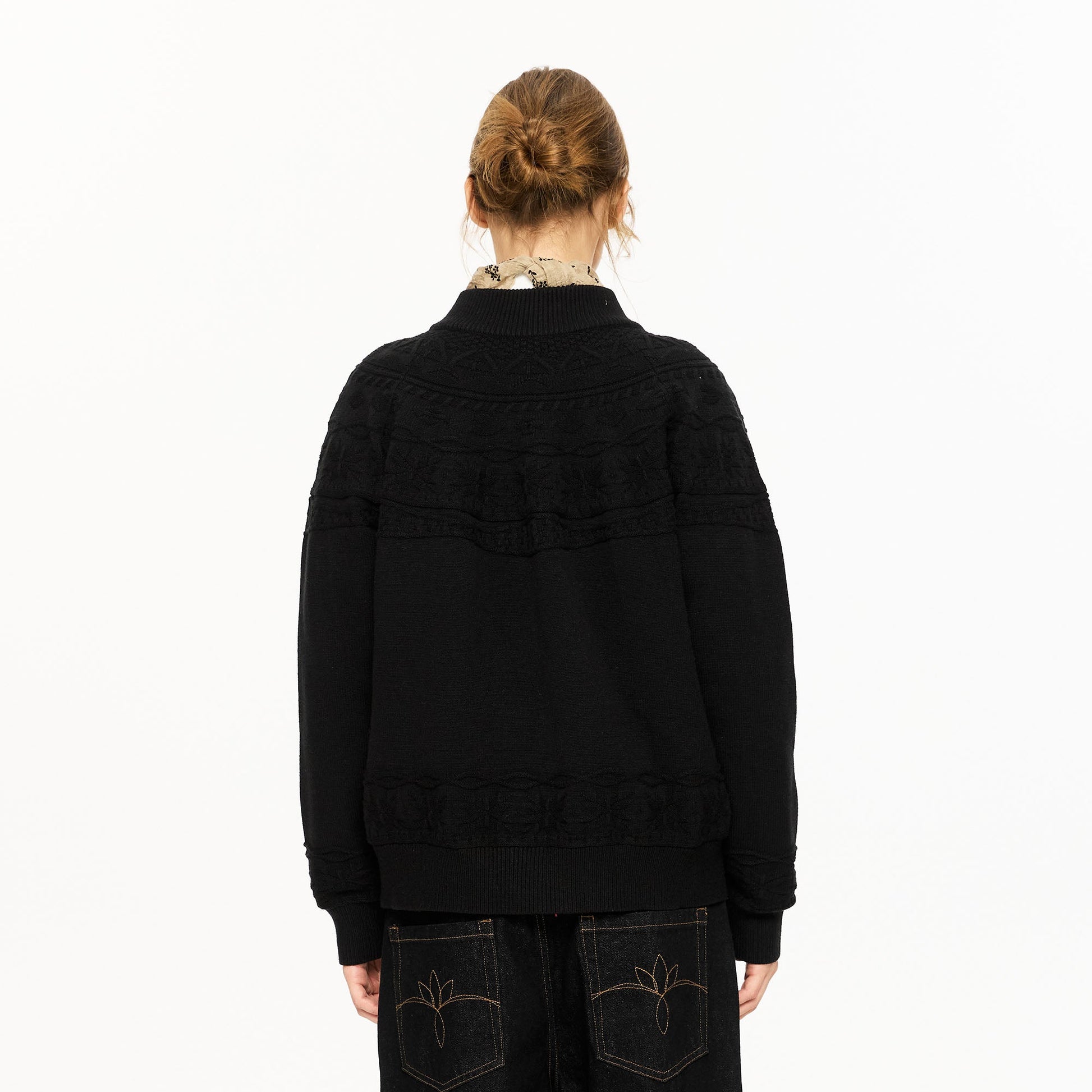 KREATE Double-Placket Jacquard Yoke Cardigan-Sweater-S-Black-Free Shipping Leatheretro