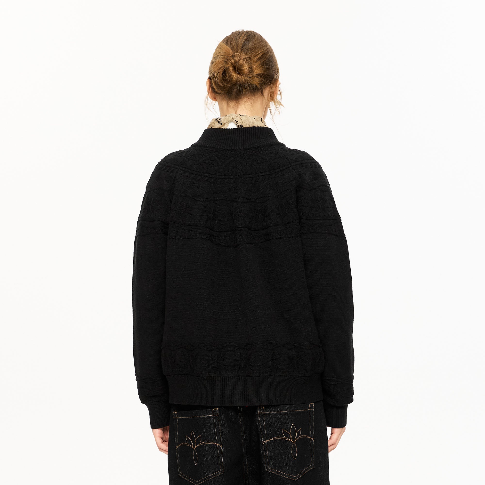 KREATE Double-Placket Jacquard Yoke Cardigan-Sweater-S-Black-Free Shipping Leatheretro